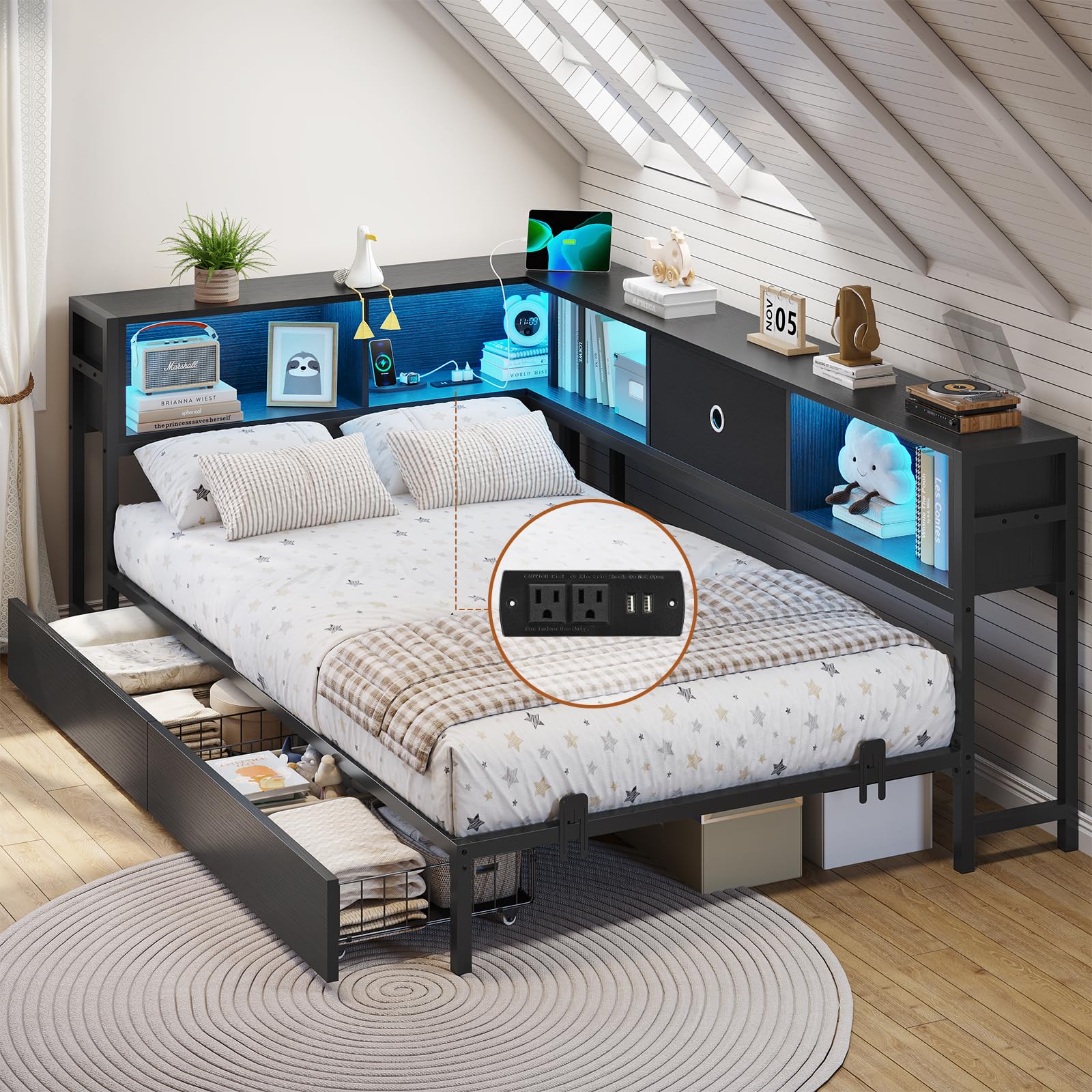 Twin Corner Bed Frame with Bookcase Storage and Led Lights