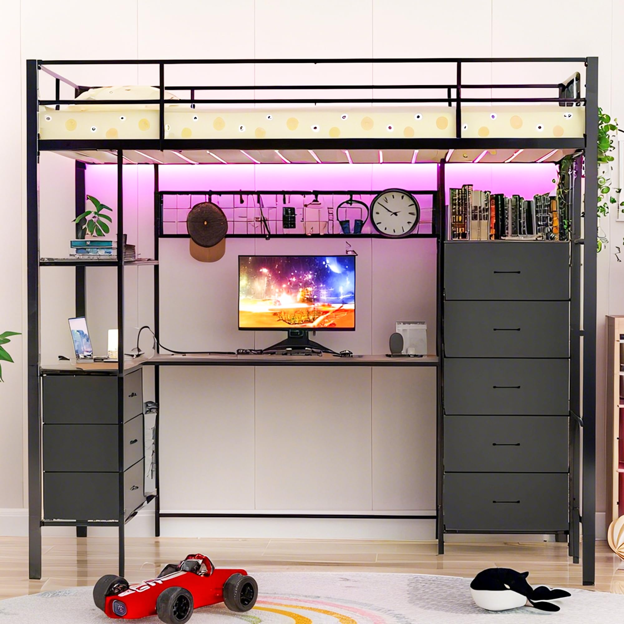 Twin Size Loft Bed with Desk, LED Lights, Charging Station