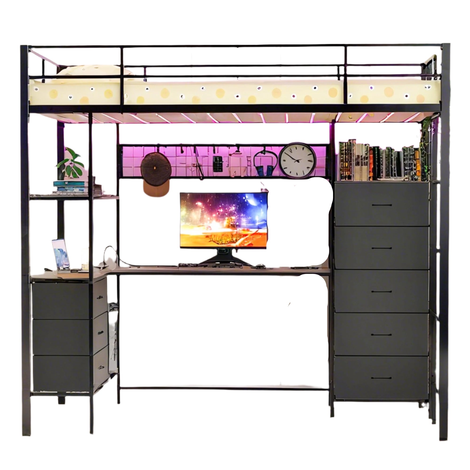 Bed with Desk, LED Lights, Charging Station, Industrial