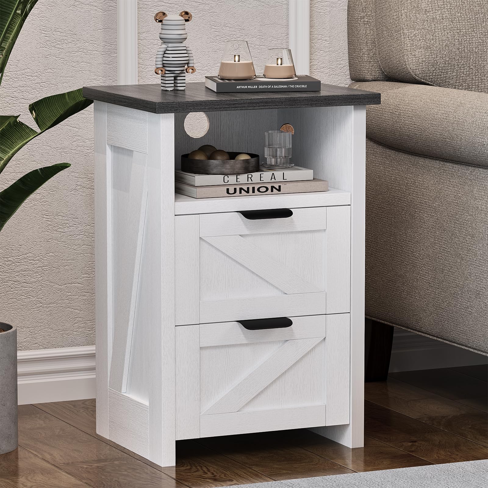 Farmhouse Night Stand Set of 2, Bed Side Table with 2 Drawers and Storage Shelf