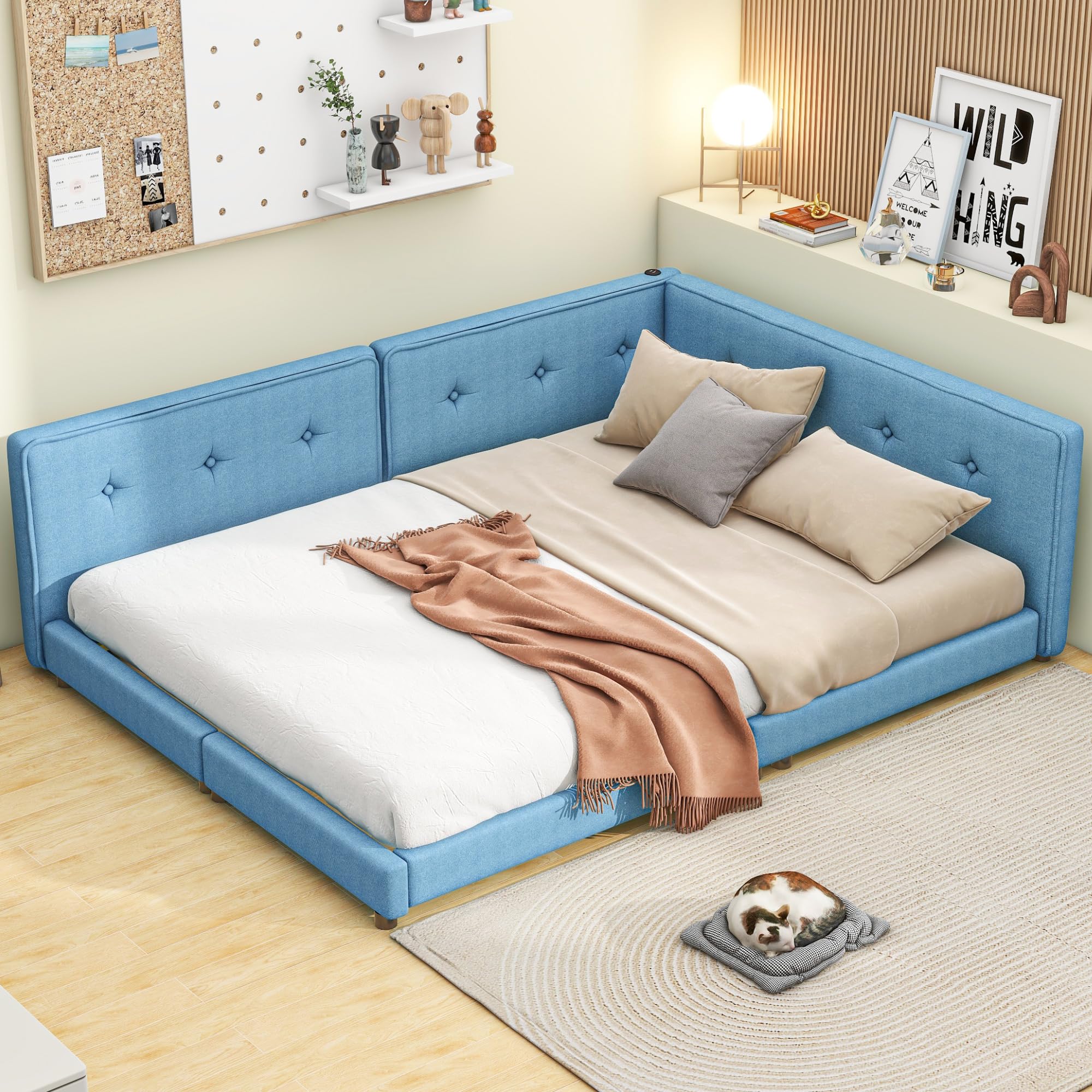 Modern Upholstered Bed Frame with USB Ports, Floor Sofa Day Bed