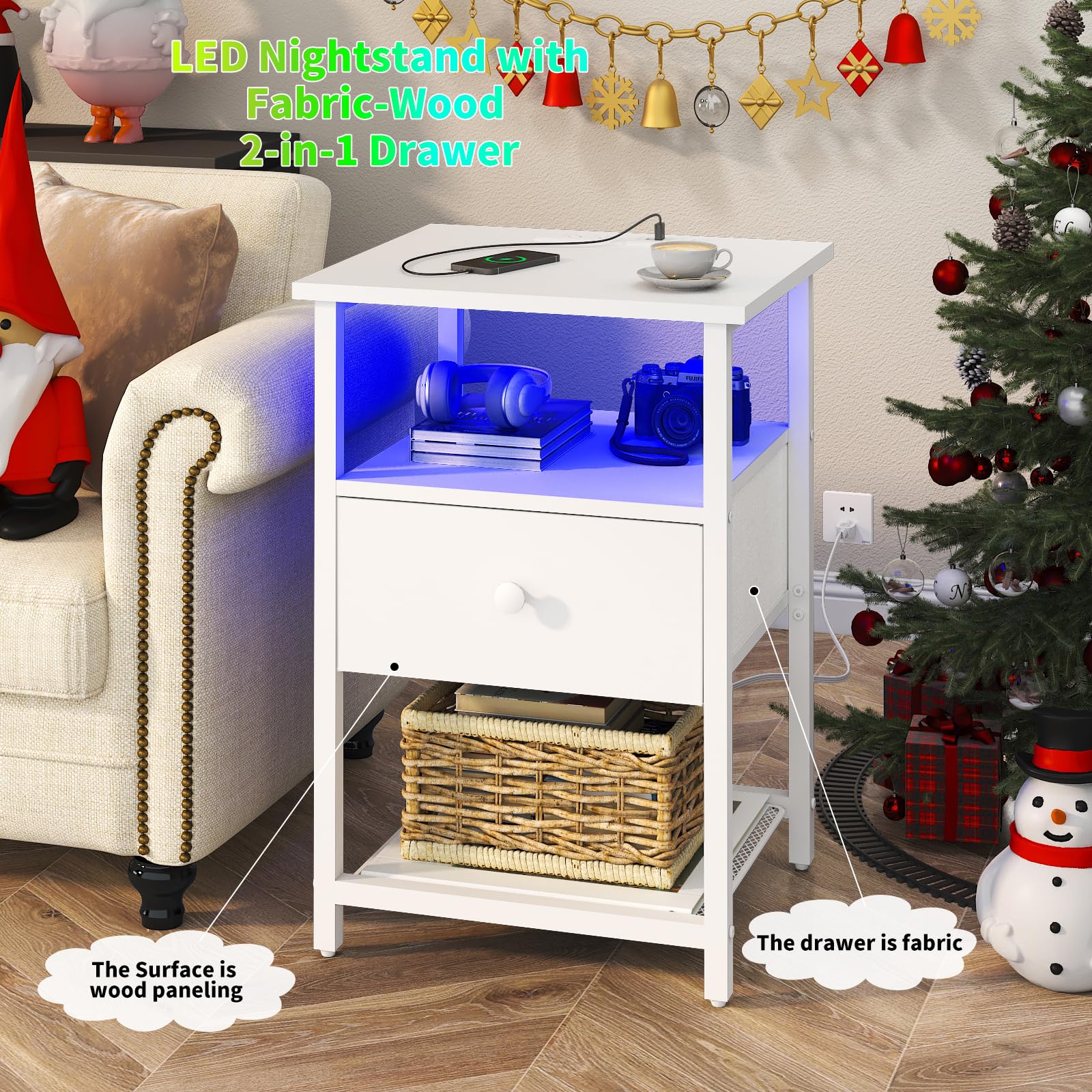 LED Nightstands Set of 2 with Charging Station