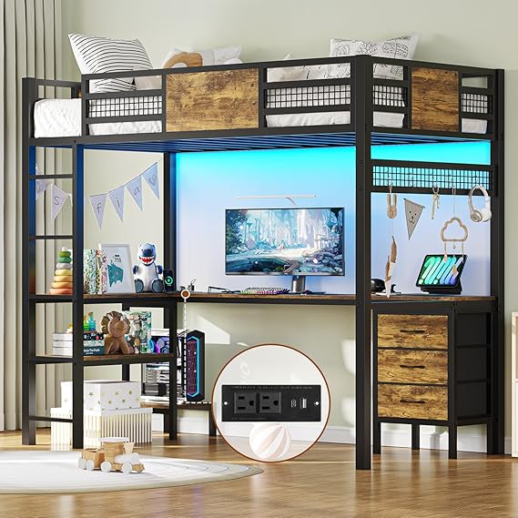Loft Bed Twin Size with L-Shaped Desk, 3 Storage Drawers, 2-Tier Storage Shelves