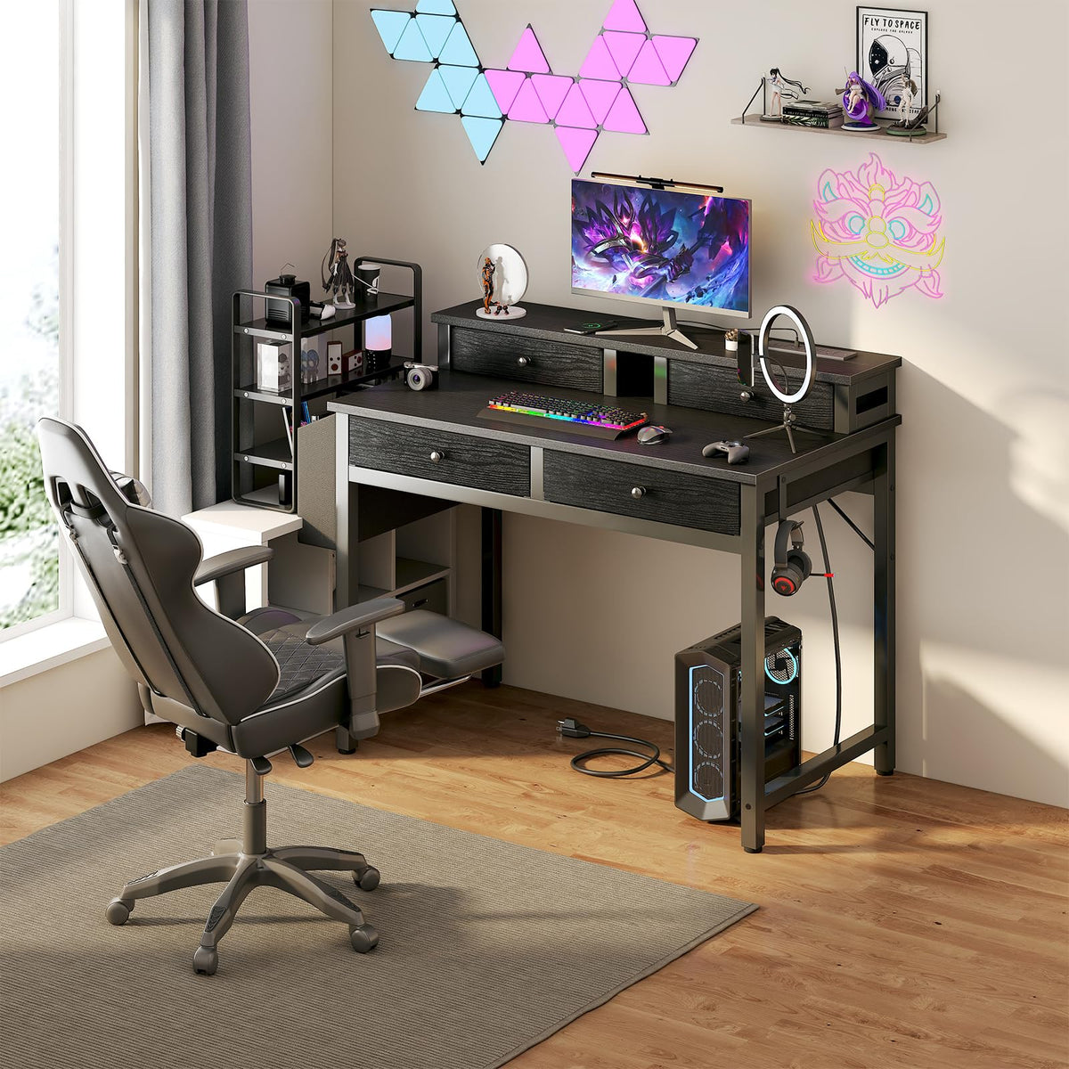 31.5" Small Computer Desk with 4 Fabric Drawers, Monitor Stand & Power Strip