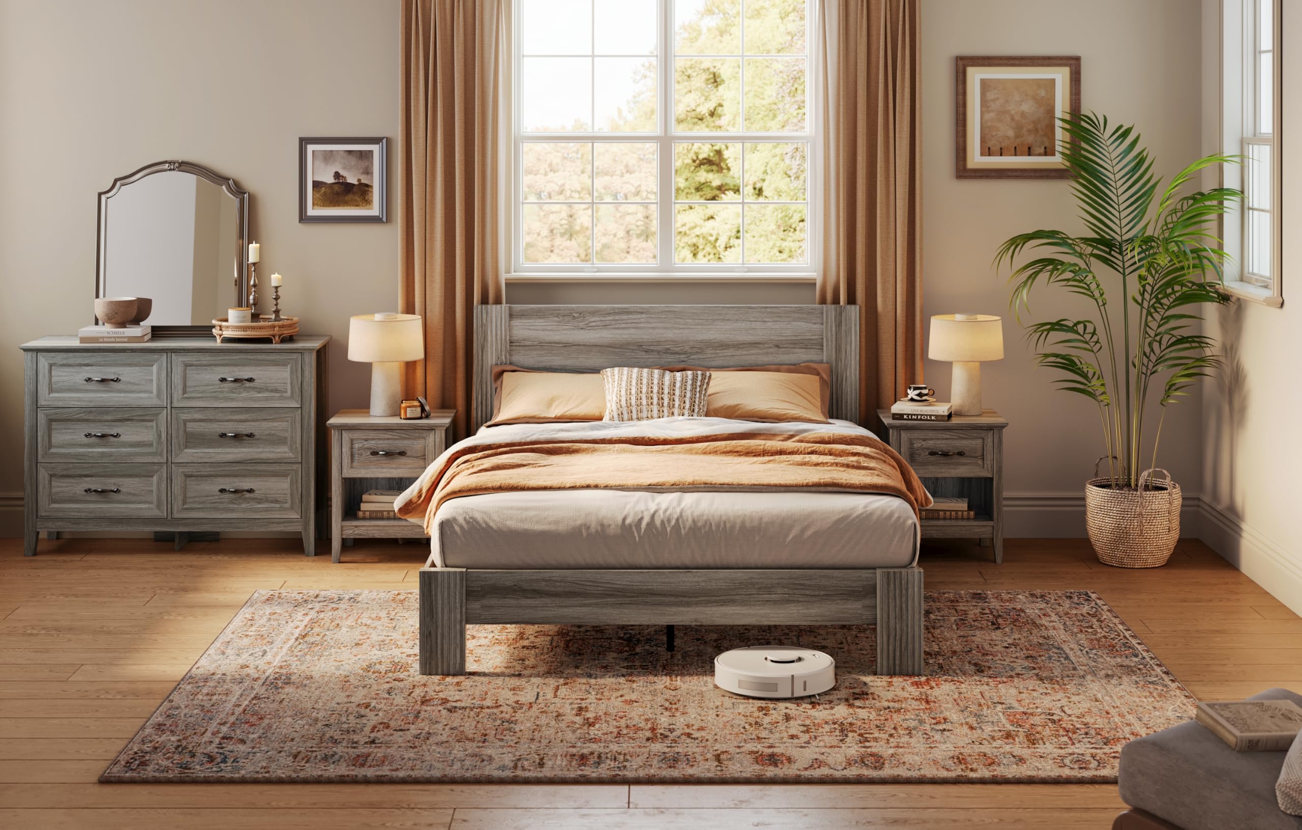 Full Size Bed Frame Wood with Headboard, Farmhouse Bed Frame Full