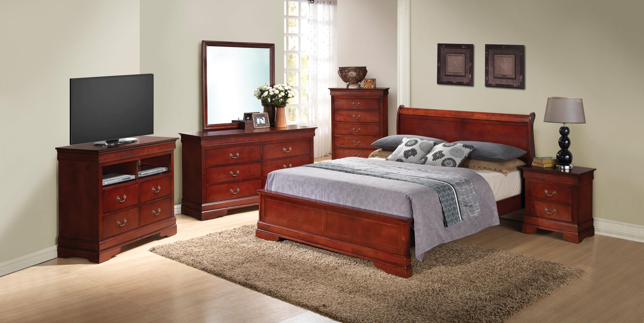 Glory Furniture Louis Philippe G3100E-QB3 Queen Bed in Cherry Finish, Panel Sleigh