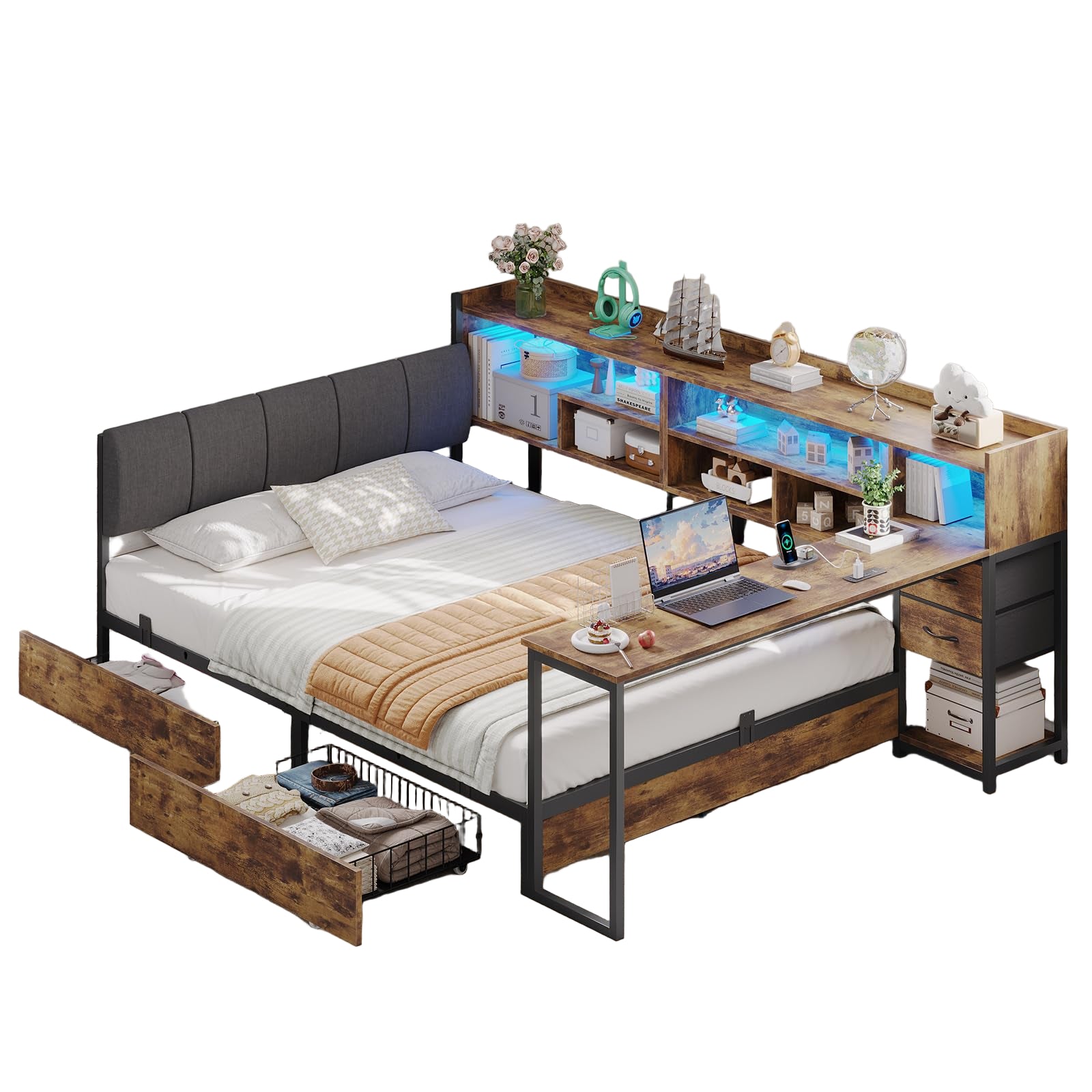 Corner Bed Frame with 6 Storage Bookcase, Corner Bed Twin with 4 Storage Drawers