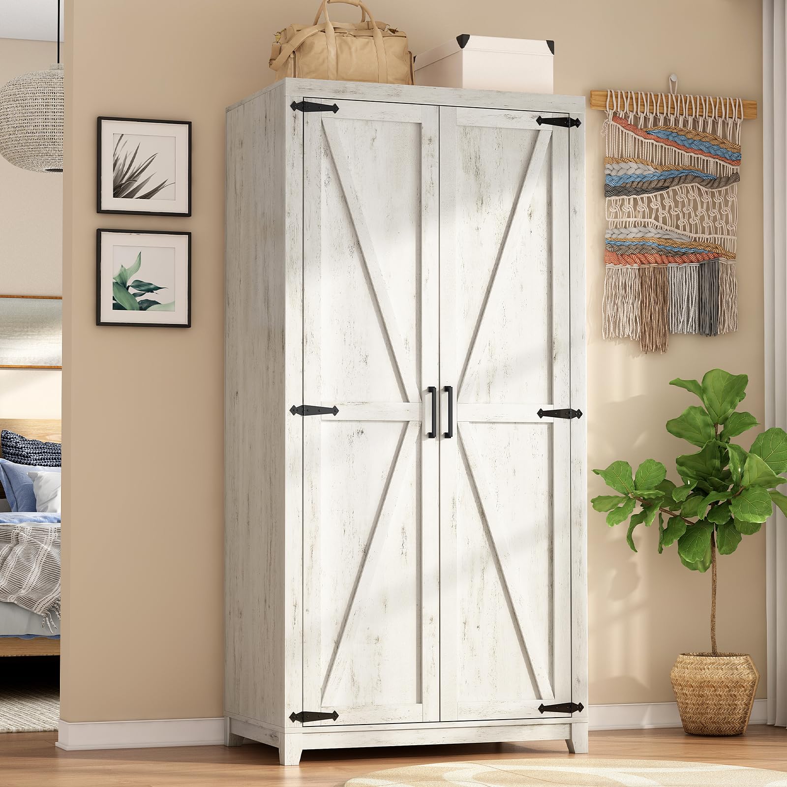 70" Large Armoire Wardrobe Closet with Hanging Rod, Farmhouse Clothing