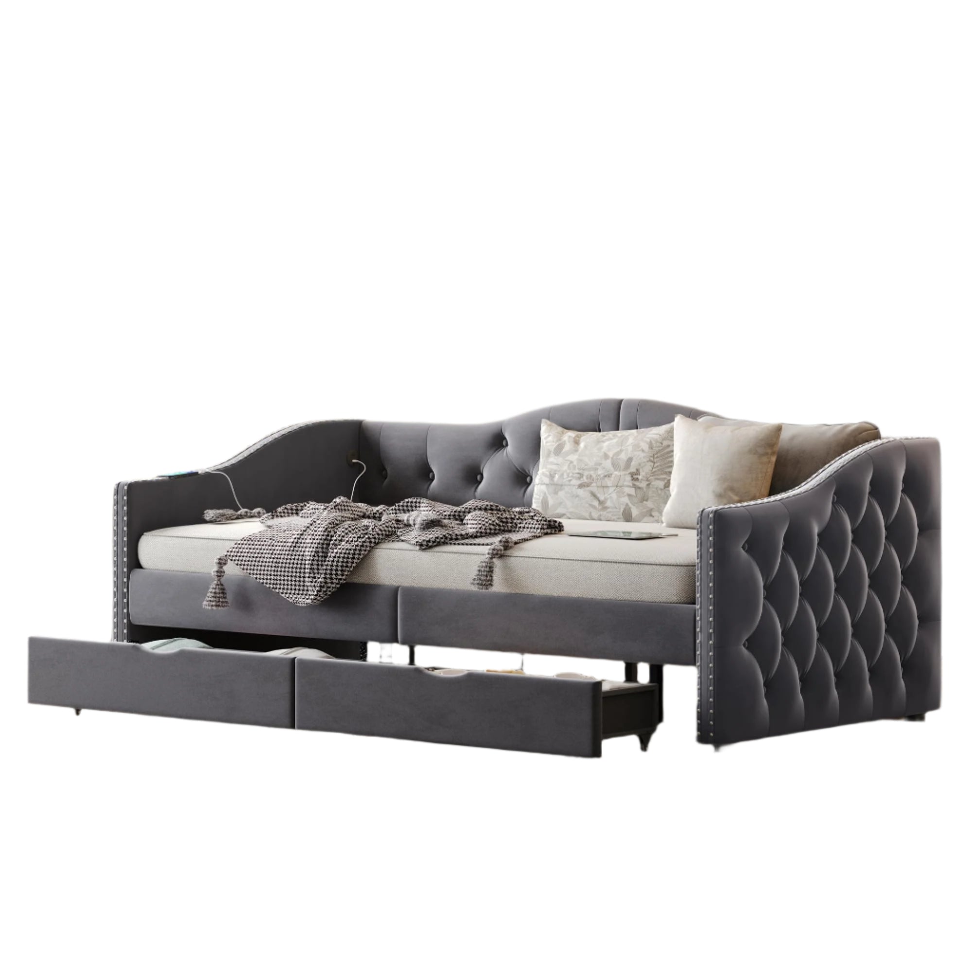 Size Daybed with Storage Drawers, Upholstered Daybed with 2 USB Ports