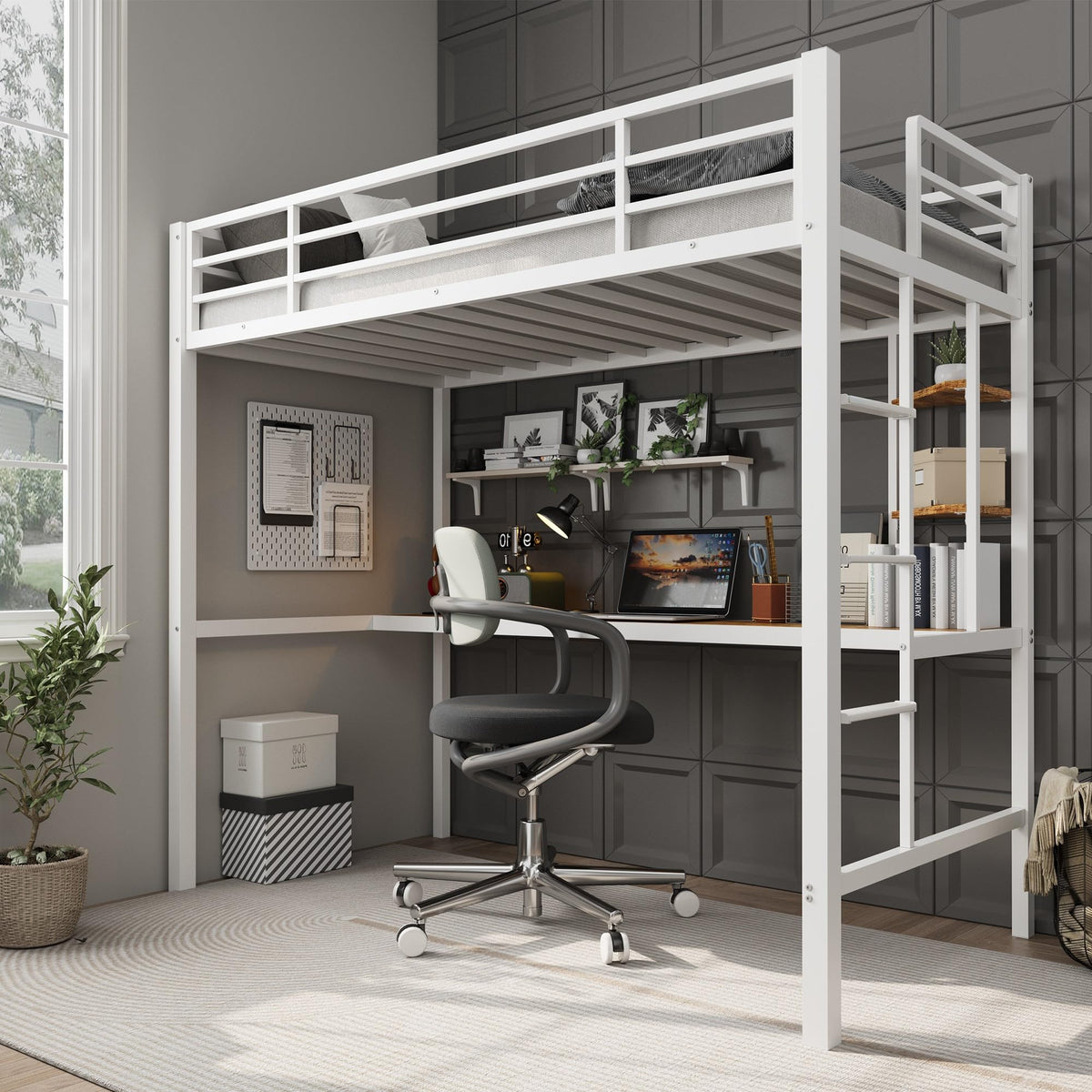 Twin Size Loft Bed with Desk and Storage Shelves