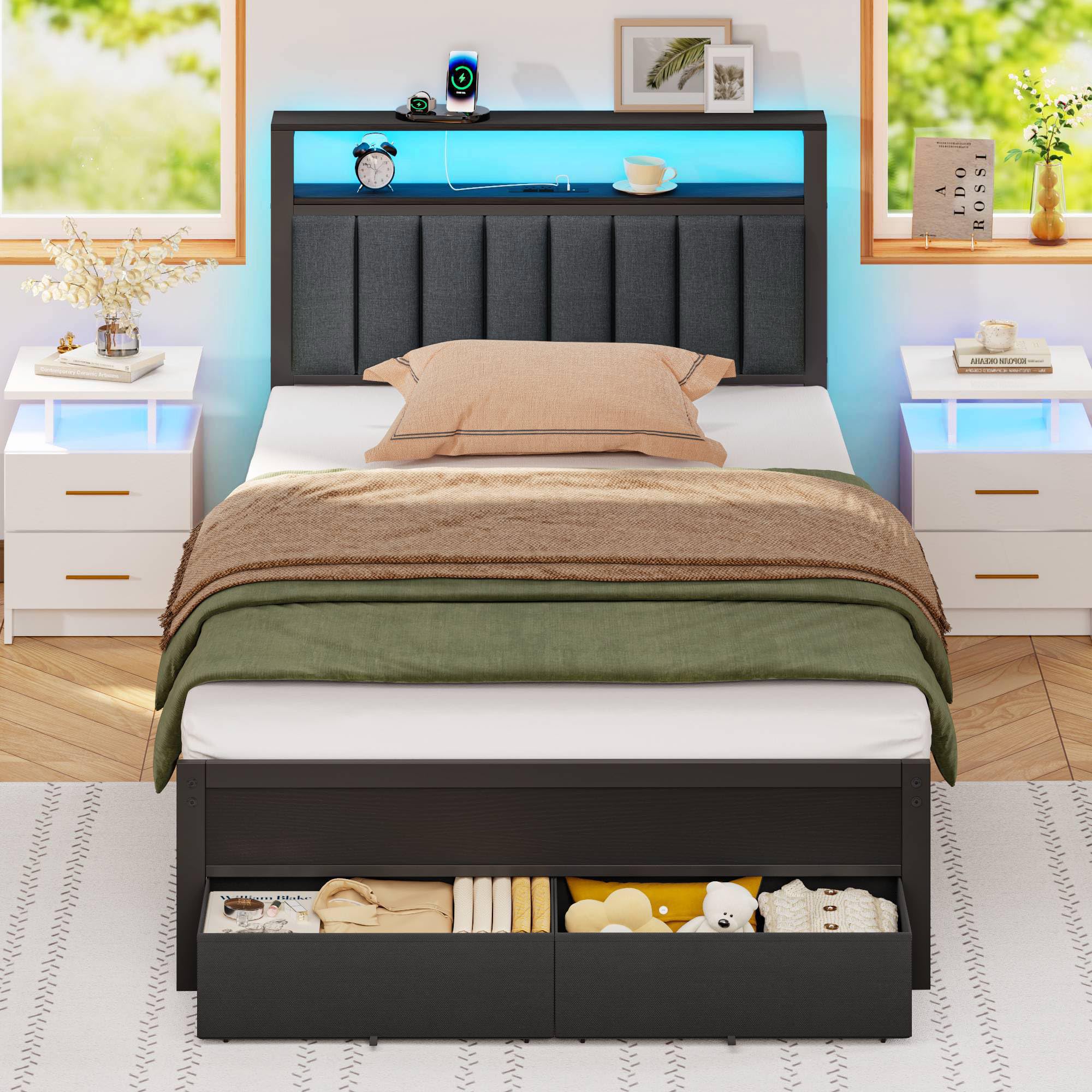 Twin Bed Frames with Charging Station and LED Lights, Grey Upholstered Headboard