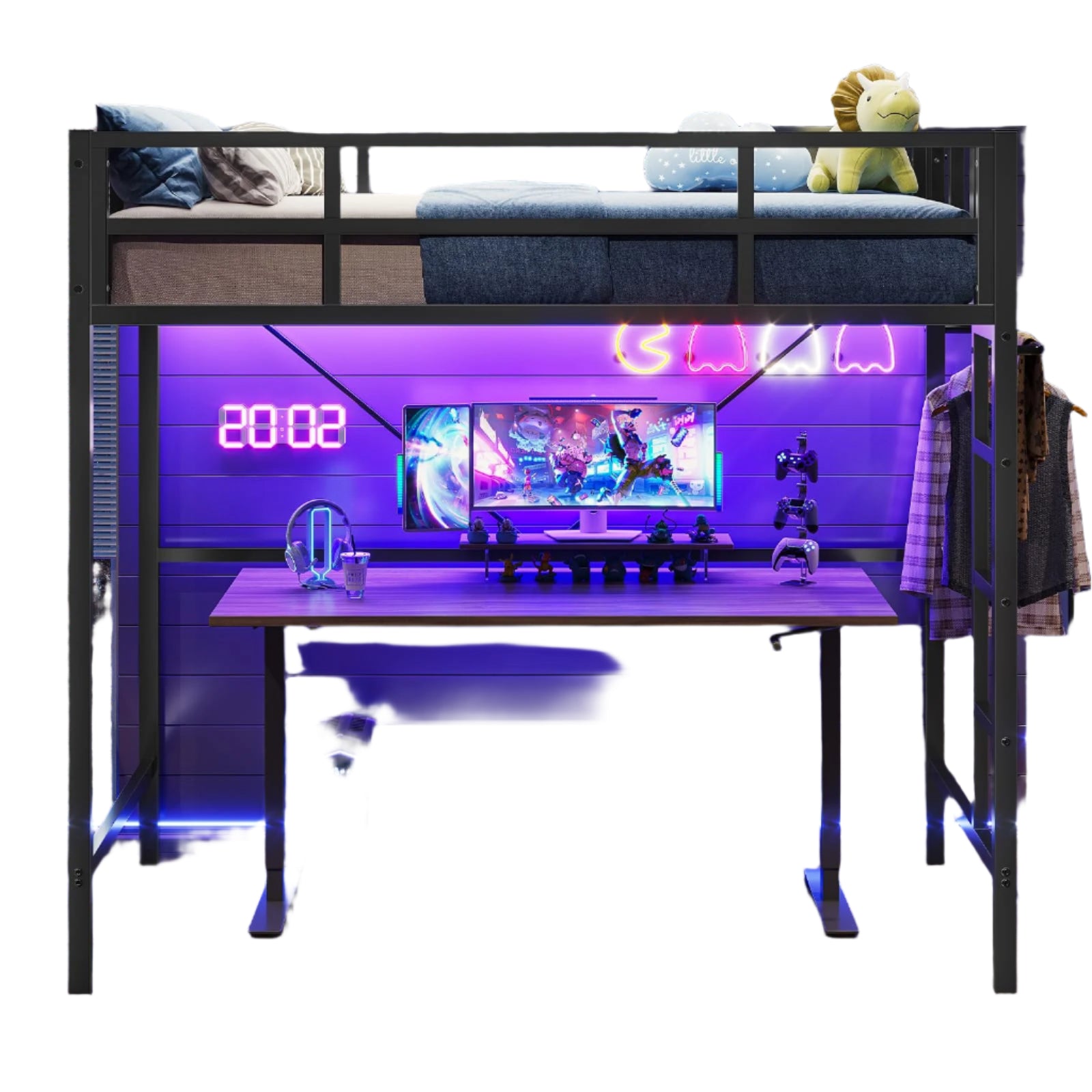 Twin Loft Bed with LED Lights, Metal Loft Bed Twin Size