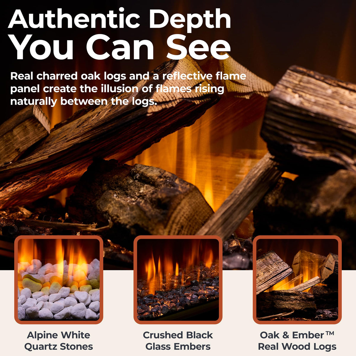 Built-In Linear Electric Fireplace with Real Oak Logs, Smart WiFi, 5000 BTU