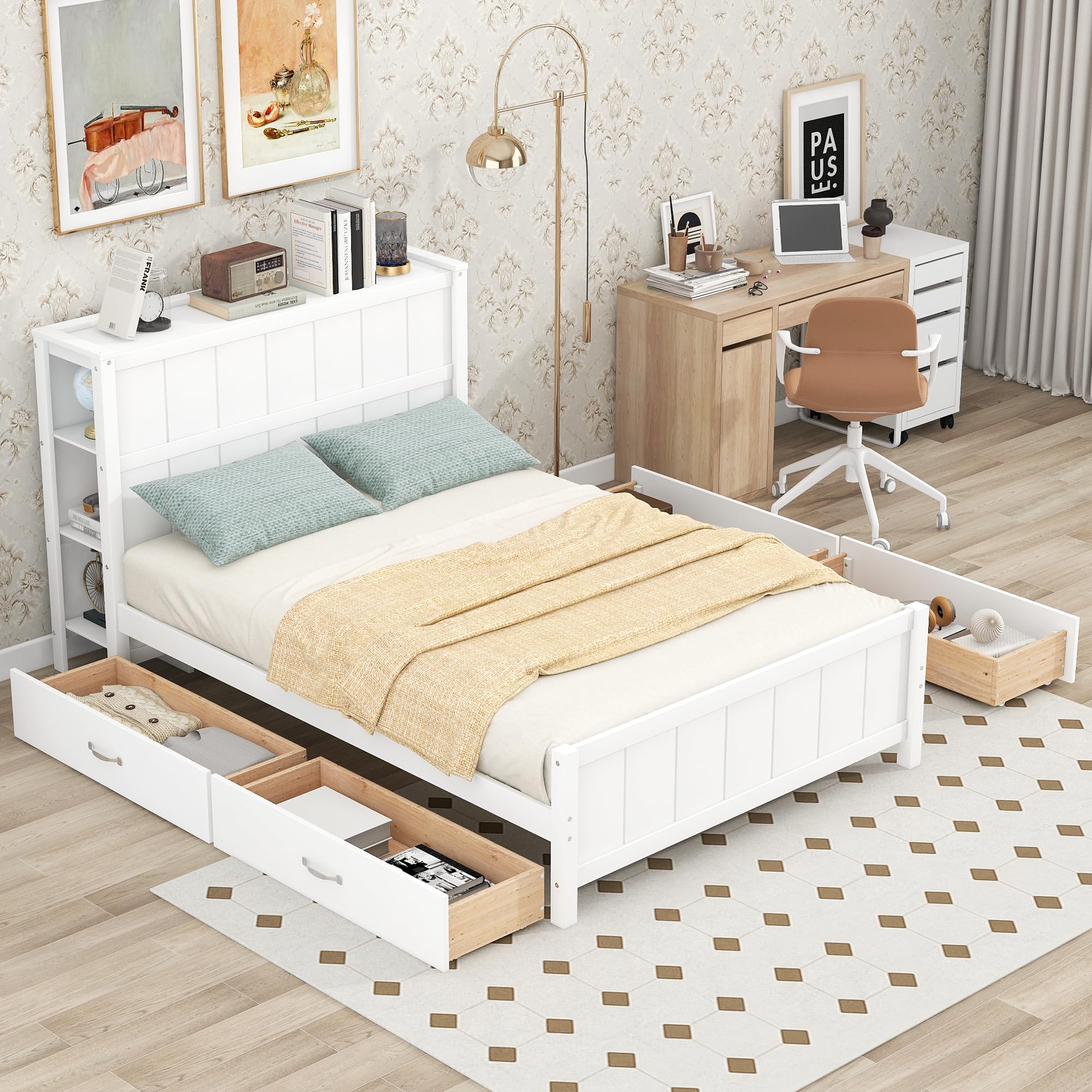 Full Size Platform Bed with 4 Drawers & Storage Shelves for Kids Bedroom