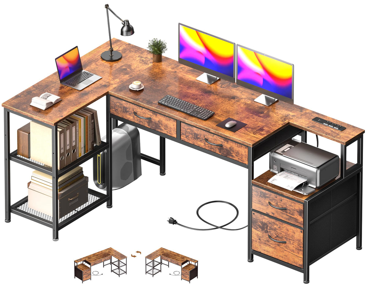 57" L-Shaped Desk with Power Outlet, Drawers and Shelves