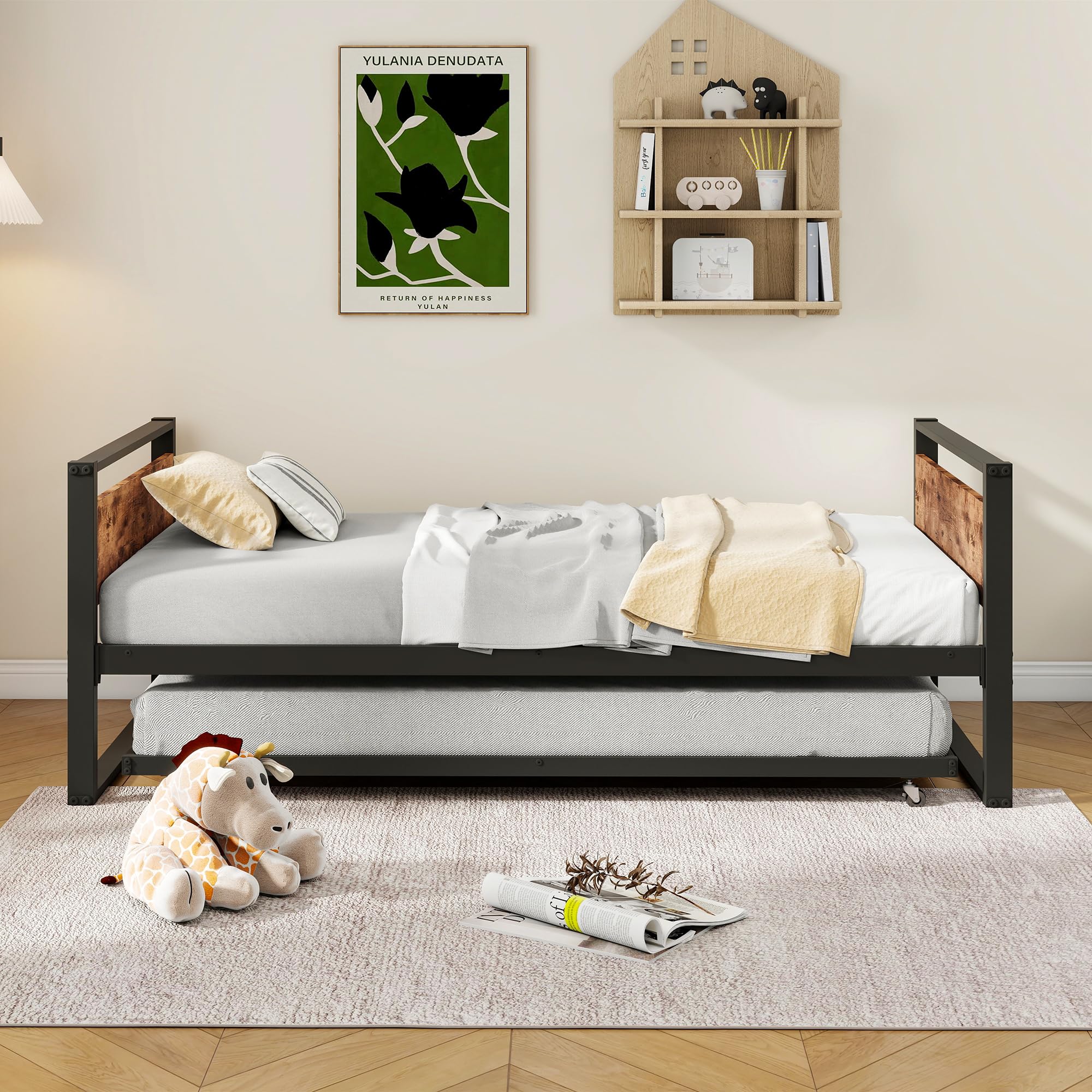 Twin Bed Frame with Wooden Headboard, Metal Daybed with Trundle