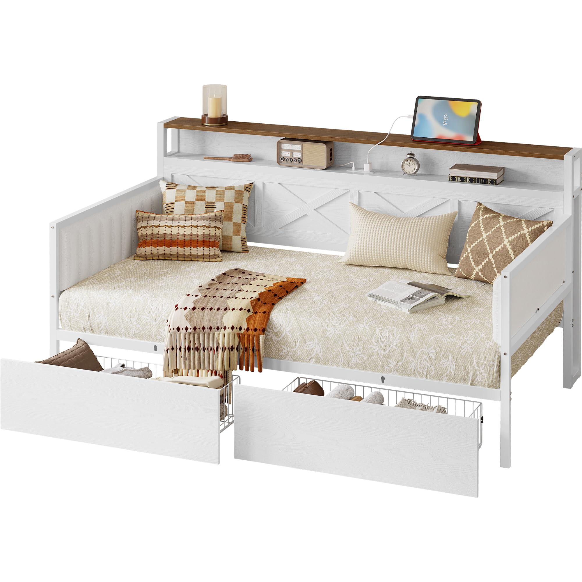 Twin Size Daybed with Storage Drawers, Sturdy Metal Bed Frame with X-Shaped
