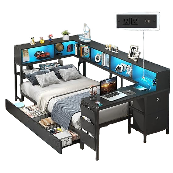 Corner Bed with Desk and Storage Bookcase, Daybed with 2