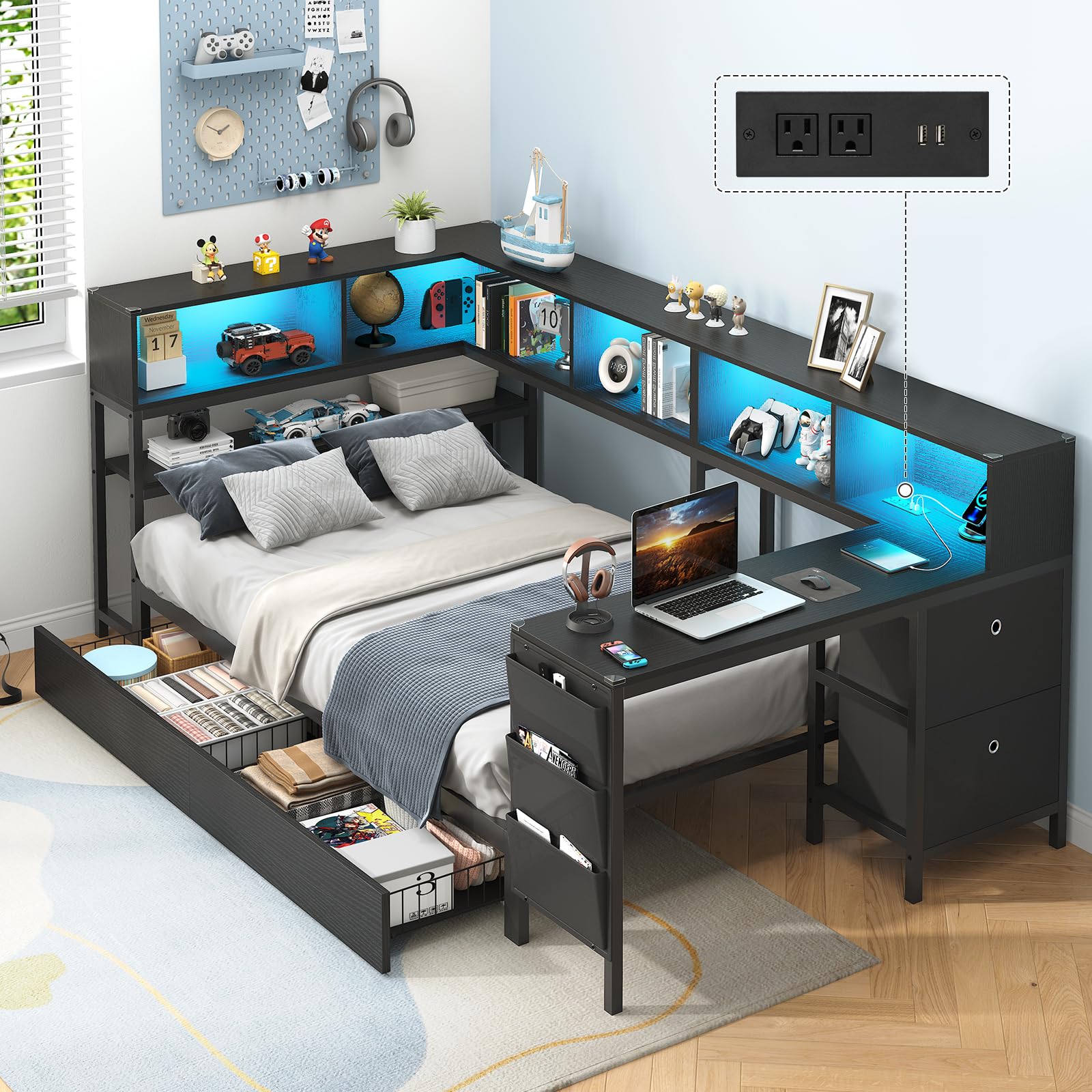 Corner Bed with Desk and Storage Bookcase, Daybed with 2 Drawers