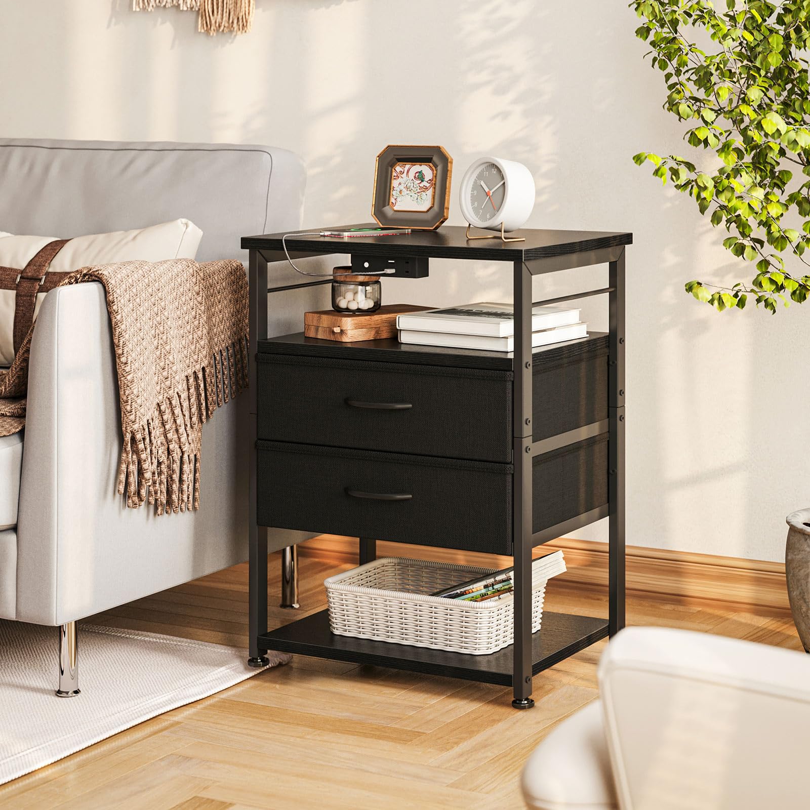 Night Stand with Charging Station, End Table for Bedroom Tall Nightstand