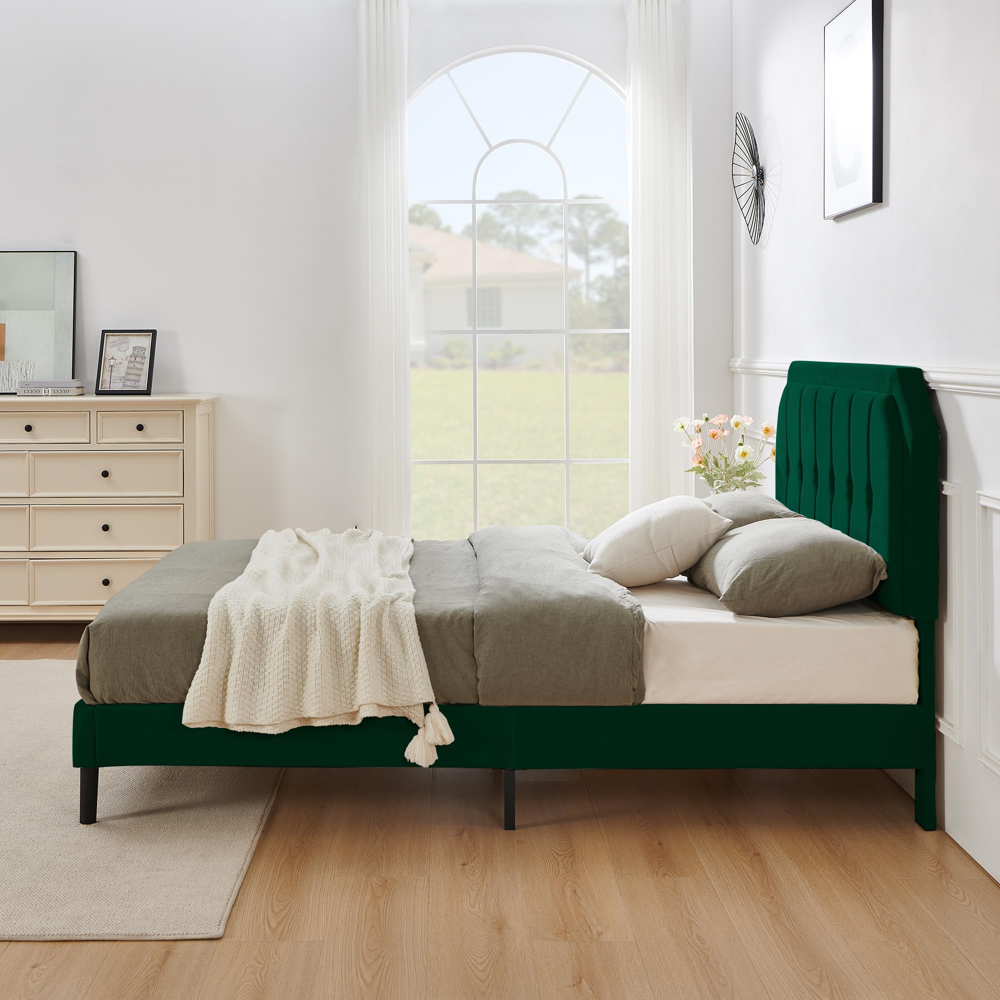 Queen Size Velvet Bed Frame, Upholstered Platform Bed with Adjustable Headboard