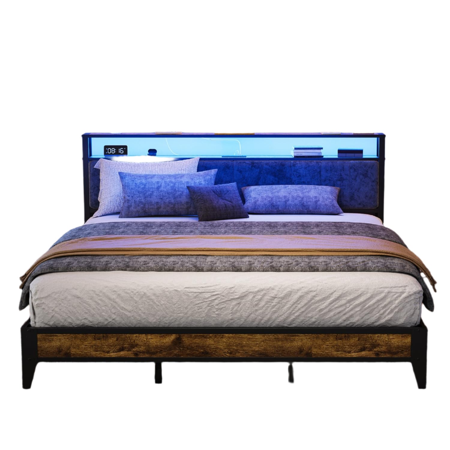 King Bed Frame with Headboard, Metal Platform Bed King Size with 2-Tier Storage
