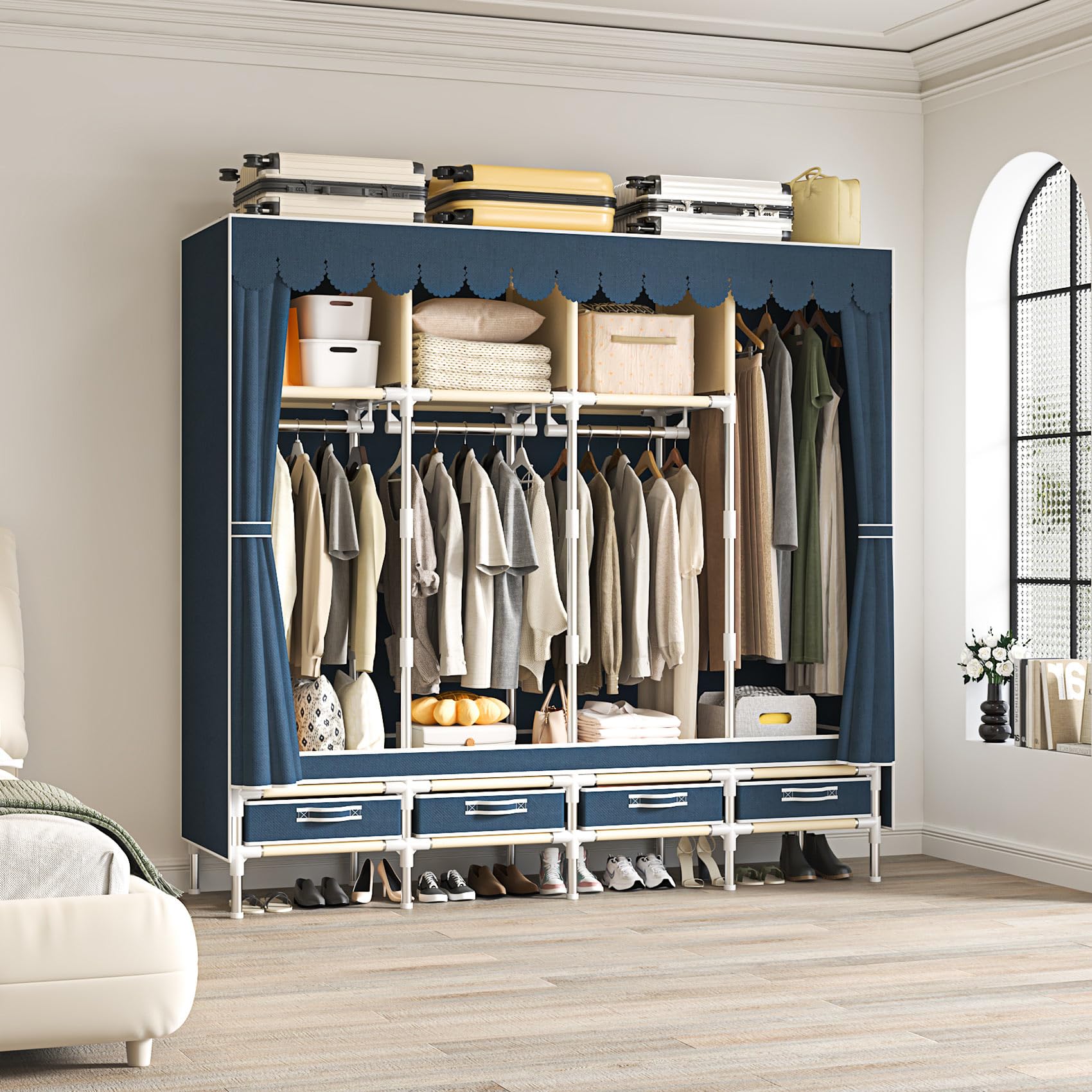 Portable Wardrobe with 4 Drawers and 3 Shelves, 67 Inch Large Capacity