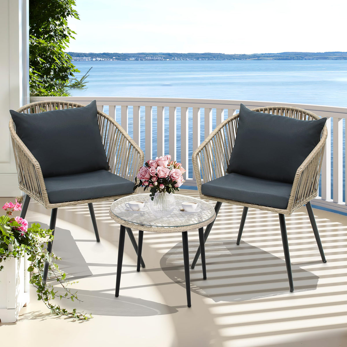 3-Piece Outdoor Wicker Bistro Set with Cushions & Glass Side Table