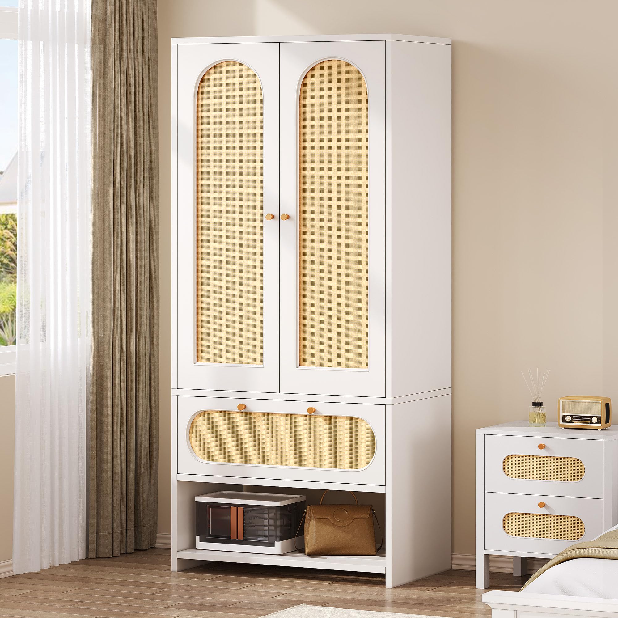Rattan Wardrobe Closet - 70" Tall Rattan Closet with Doors, Large Armoire