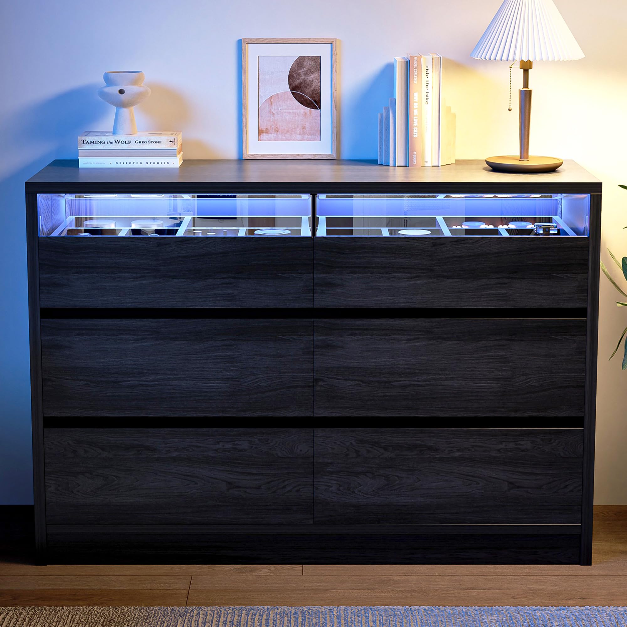 Modern LED 6 Drawer Dresser for Bedroom, Large Chest of Drawers with Hidden Handles
