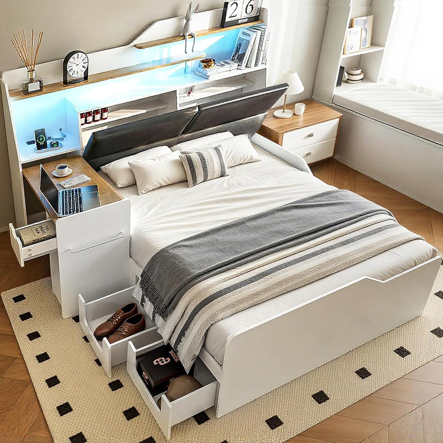 Queen Platform Bed Frame with Foldable Desk, Daybed with Storage Headboard, Bookcase