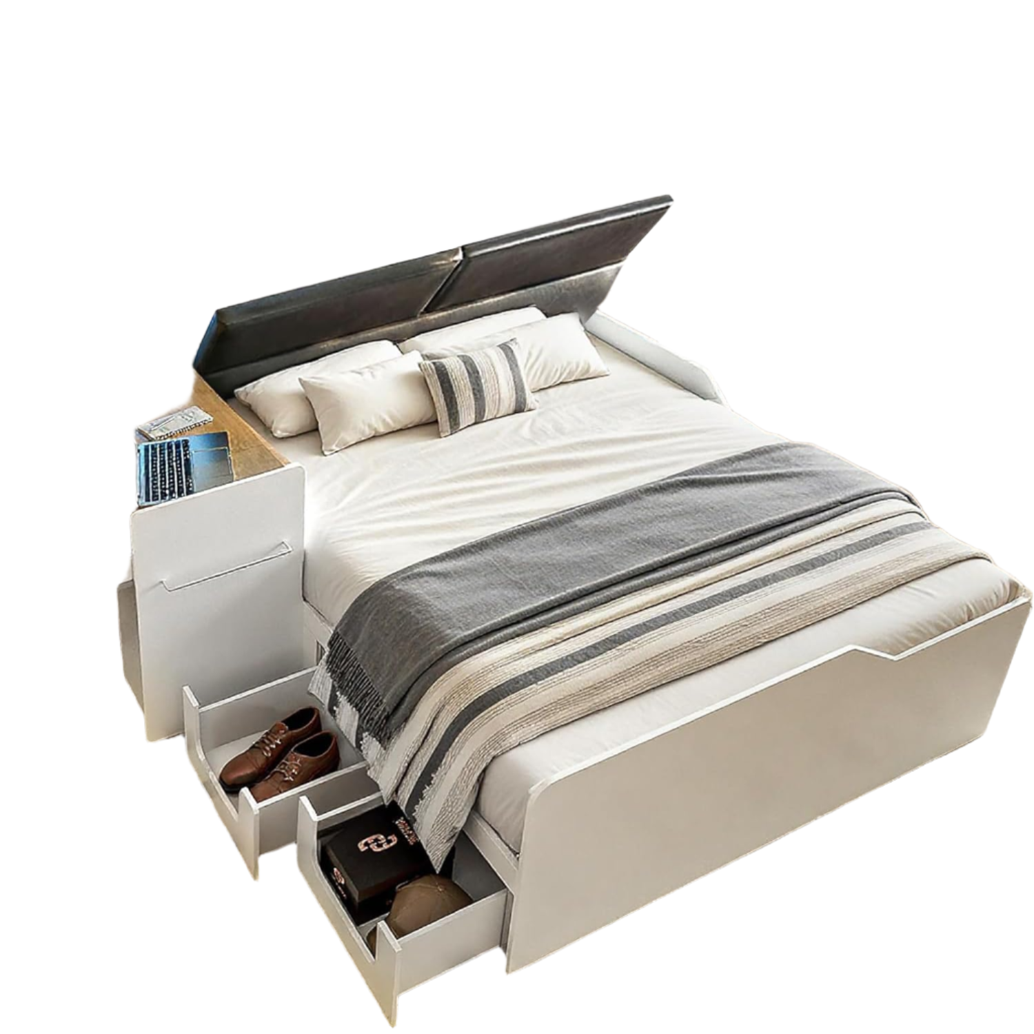 Queen Platform Bed Frame with Foldable Desk, Daybed with Storage Headboard, Bookcase