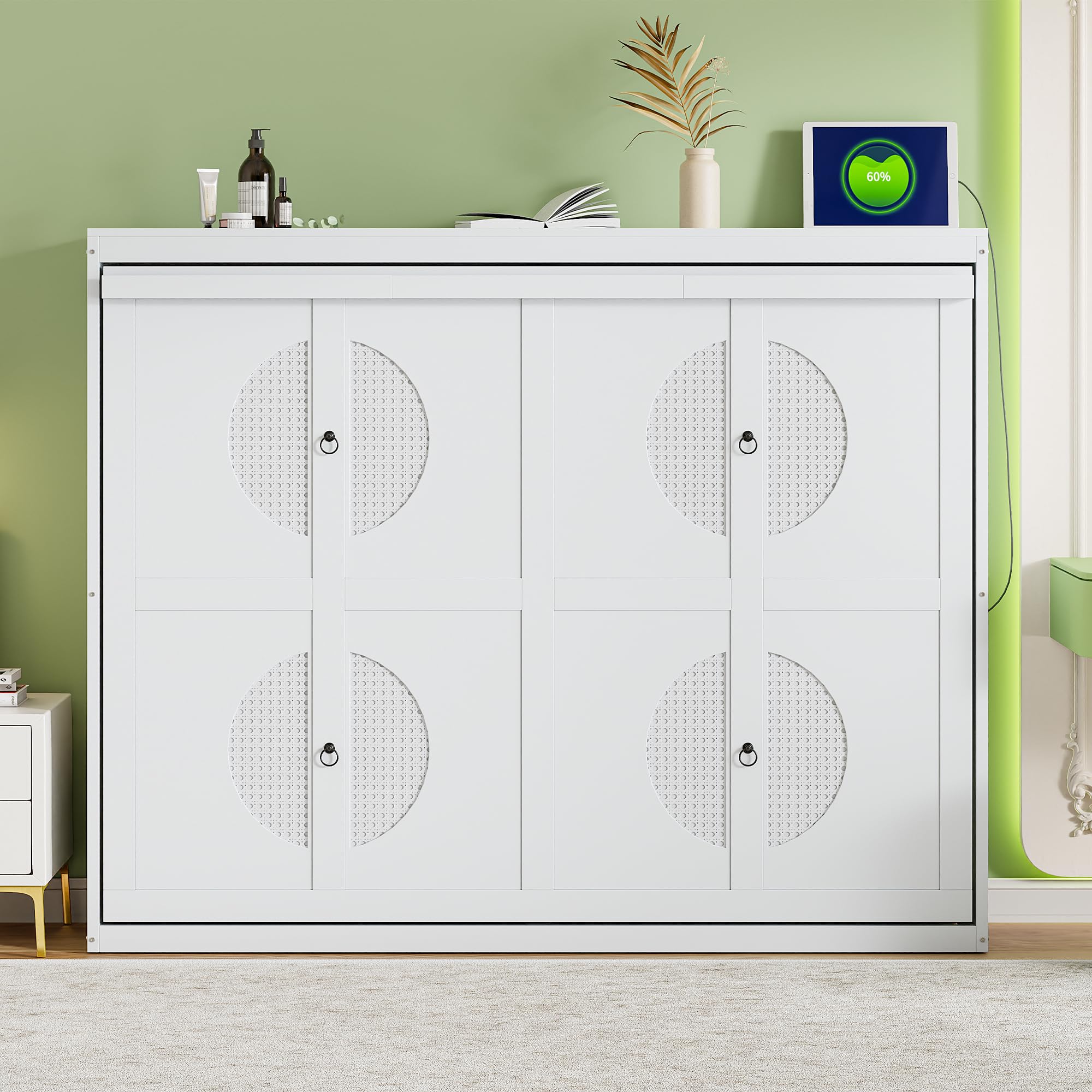 Murphy Bed Queen Size Wall Chest with Charging Station and Slat Support