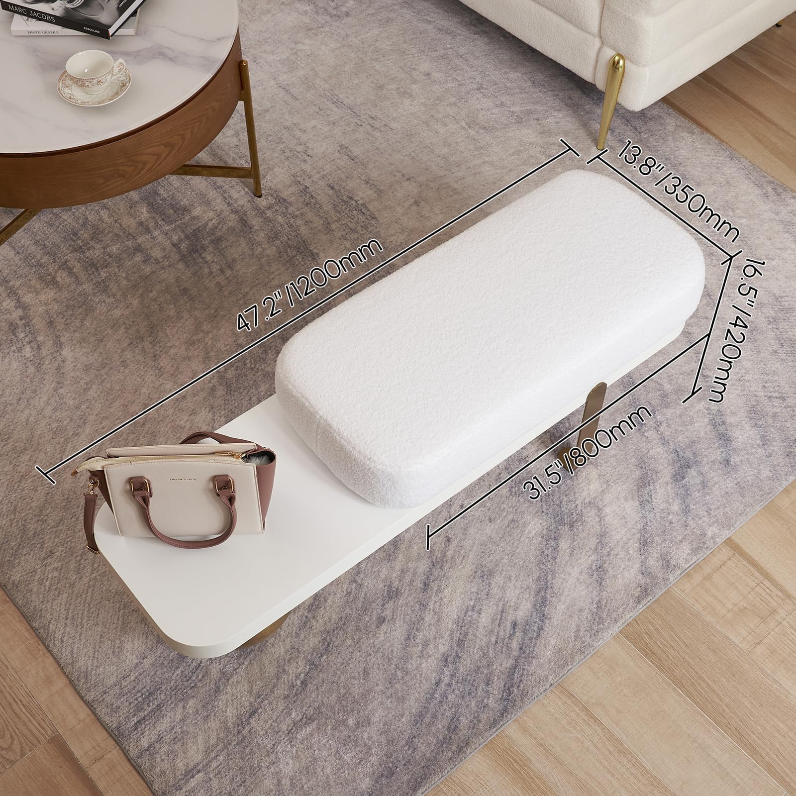 Bench, Wooden Bench Boucle Upholstered Bench with Abstract