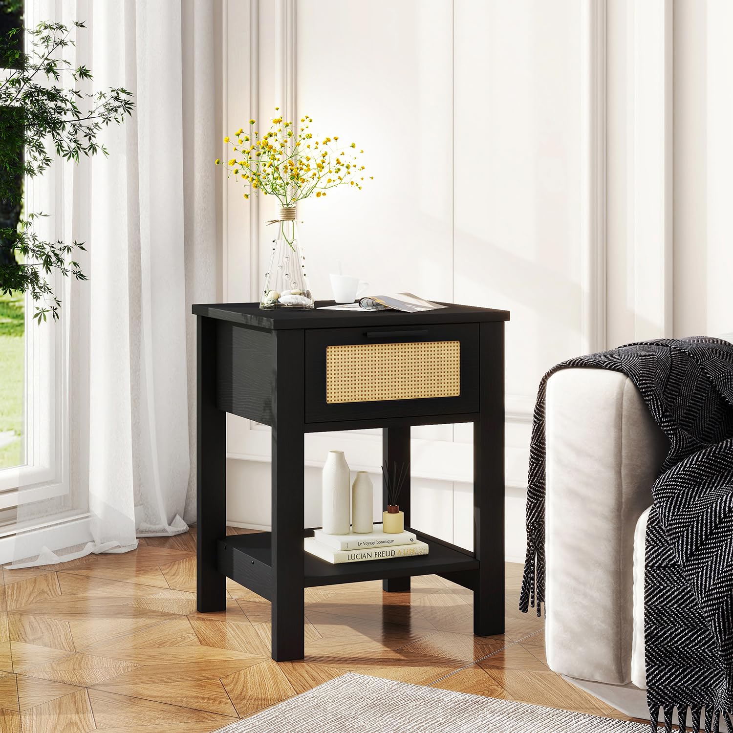 Rattan Nightstand Set of 2, Boho Night Stand with Drawer