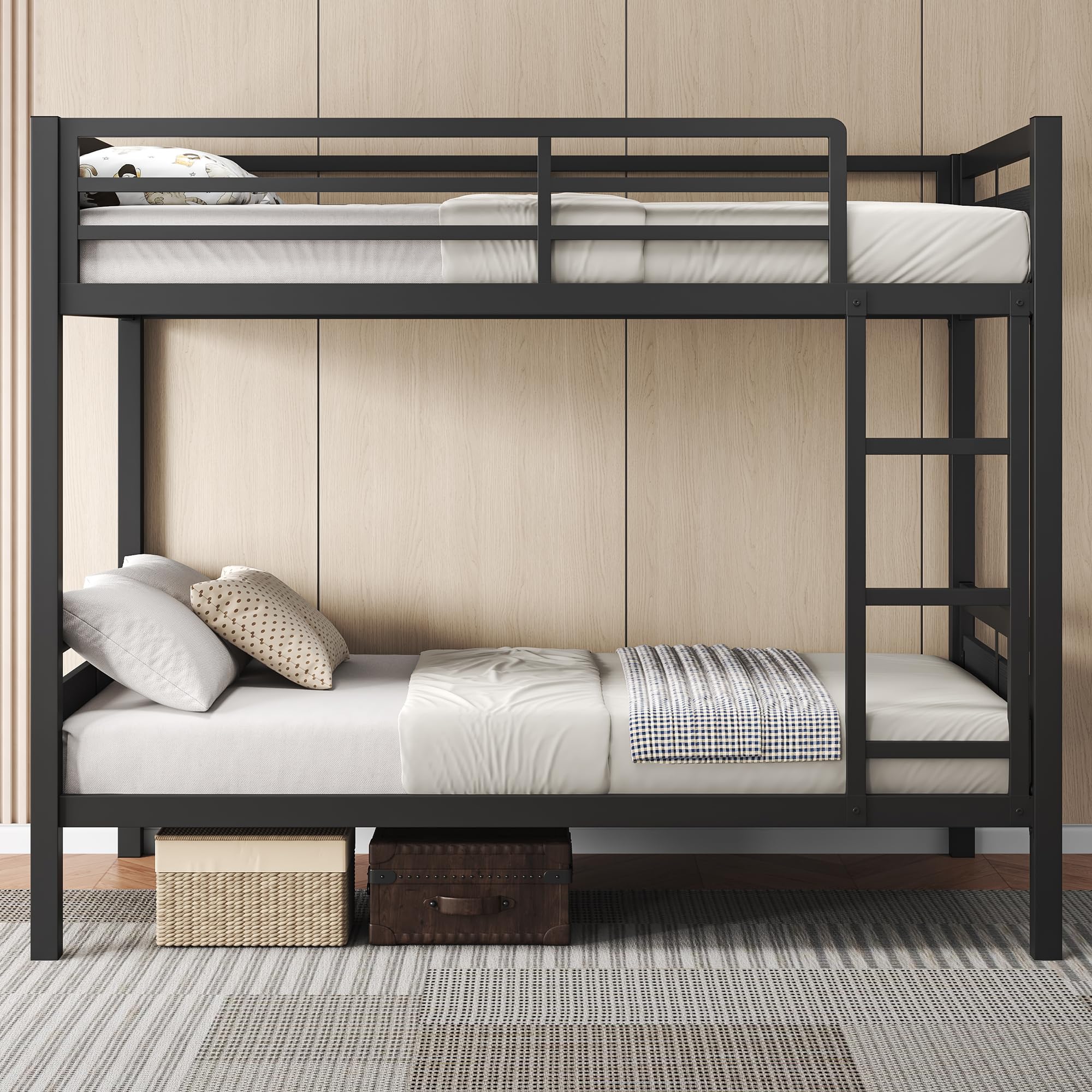 Metal Bunk Bed Twin Over Twin with Ladder and High Guardrail