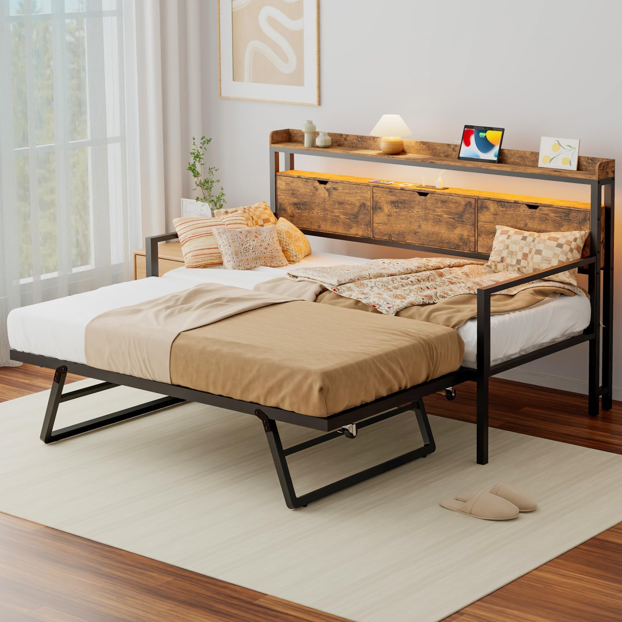 Daybed with Pop Up Trundle, Metal Day Bed with Charging Station