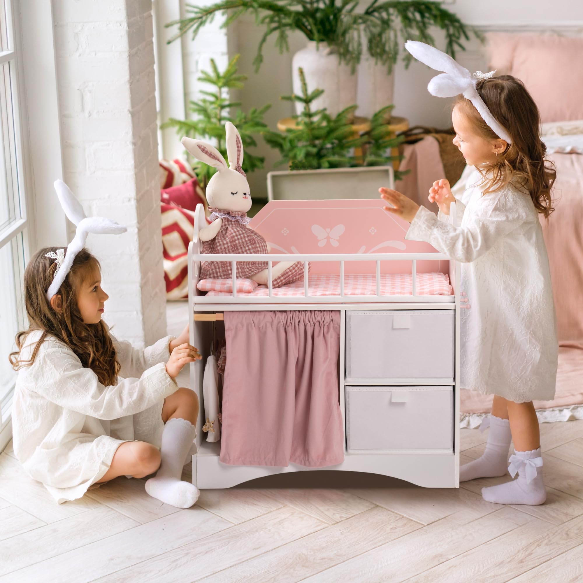 Baby Doll Crib, Wooden Doll Bed with Storage and Bedding