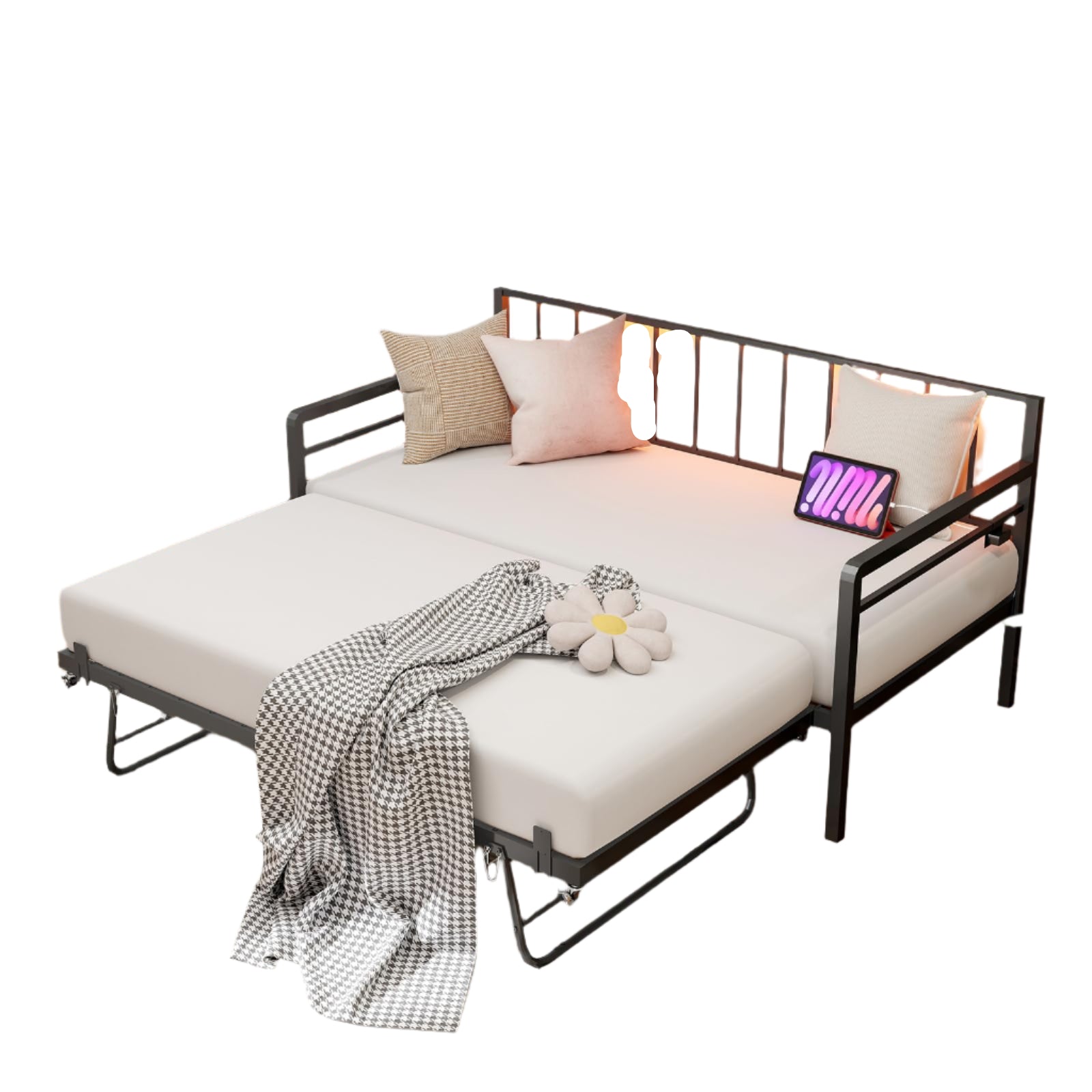 Twin Daybed with Pop Up Trundle, Metal Day Bed Frame with LED Lights