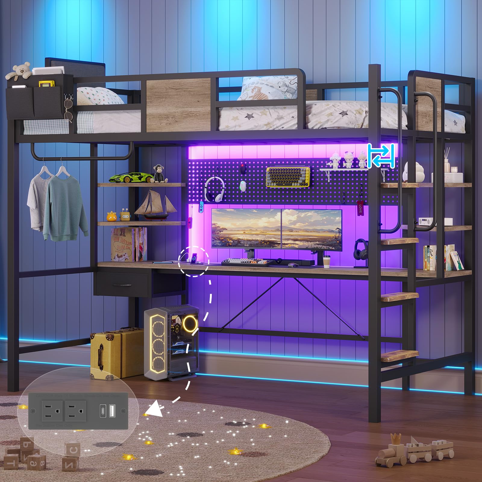 Loft Bed Twin Size, Bunk Bed with Desk Underneath,Loft Bed with Stairs