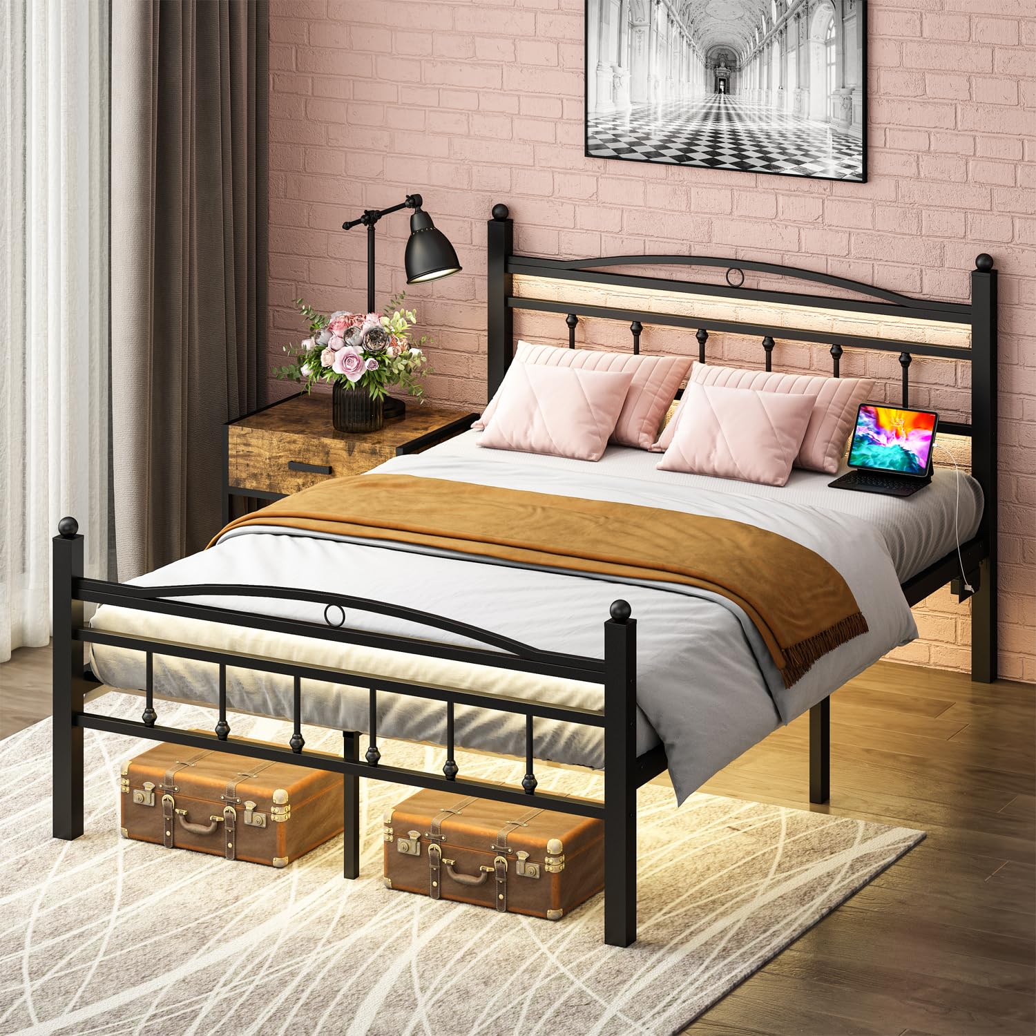 Full Size Bed Frame with Headboard, Metal Platform Bed Frame with Charging Station