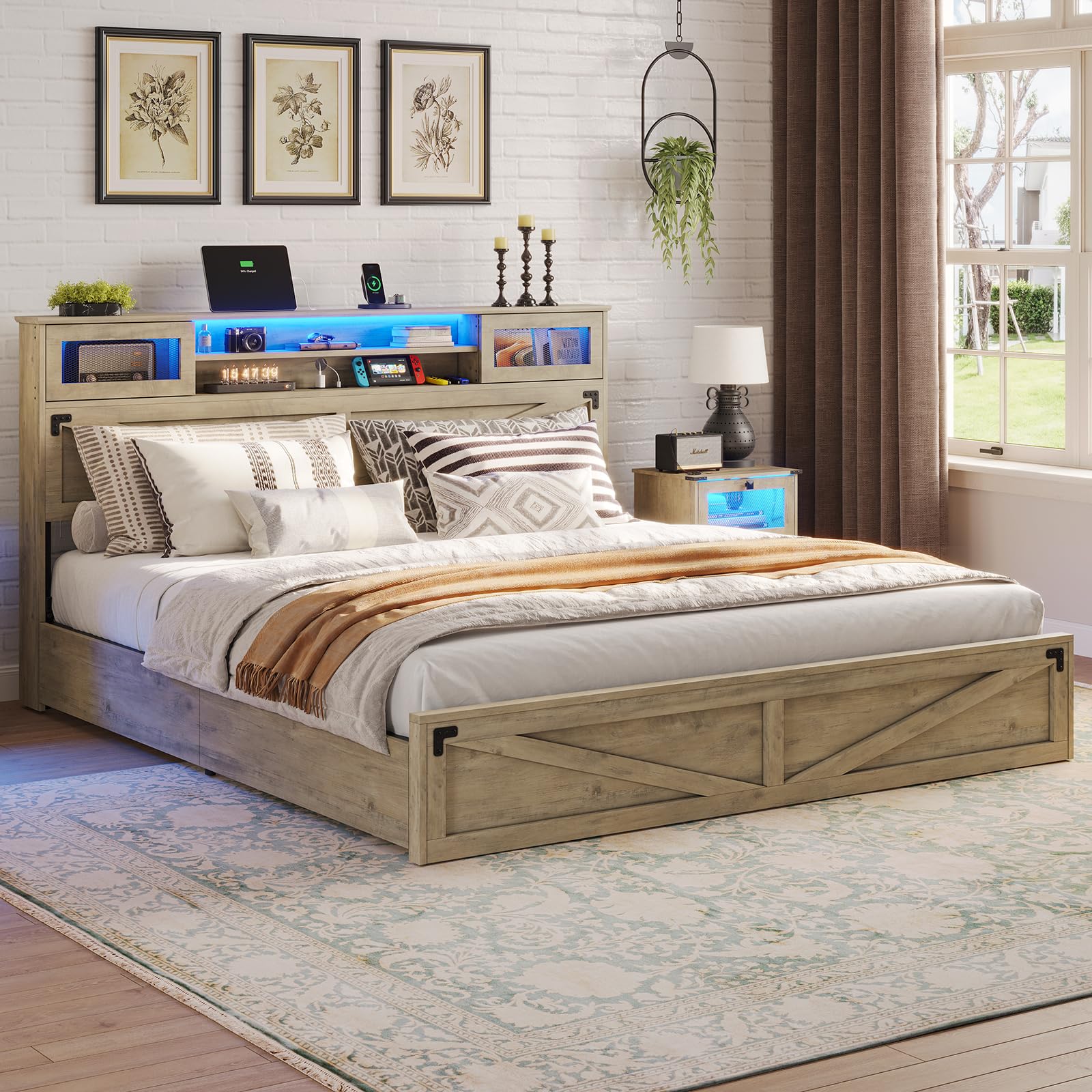 Farmhouse Bed Frame King Size with Bookcase Headboard and 2 Drawers