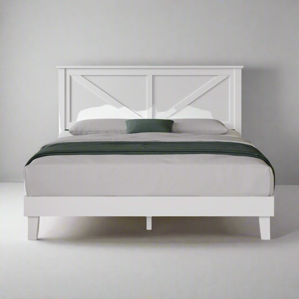 Wood Bed, Rubber Wood Platform Bed Frame with Headboard/Wood Slats
