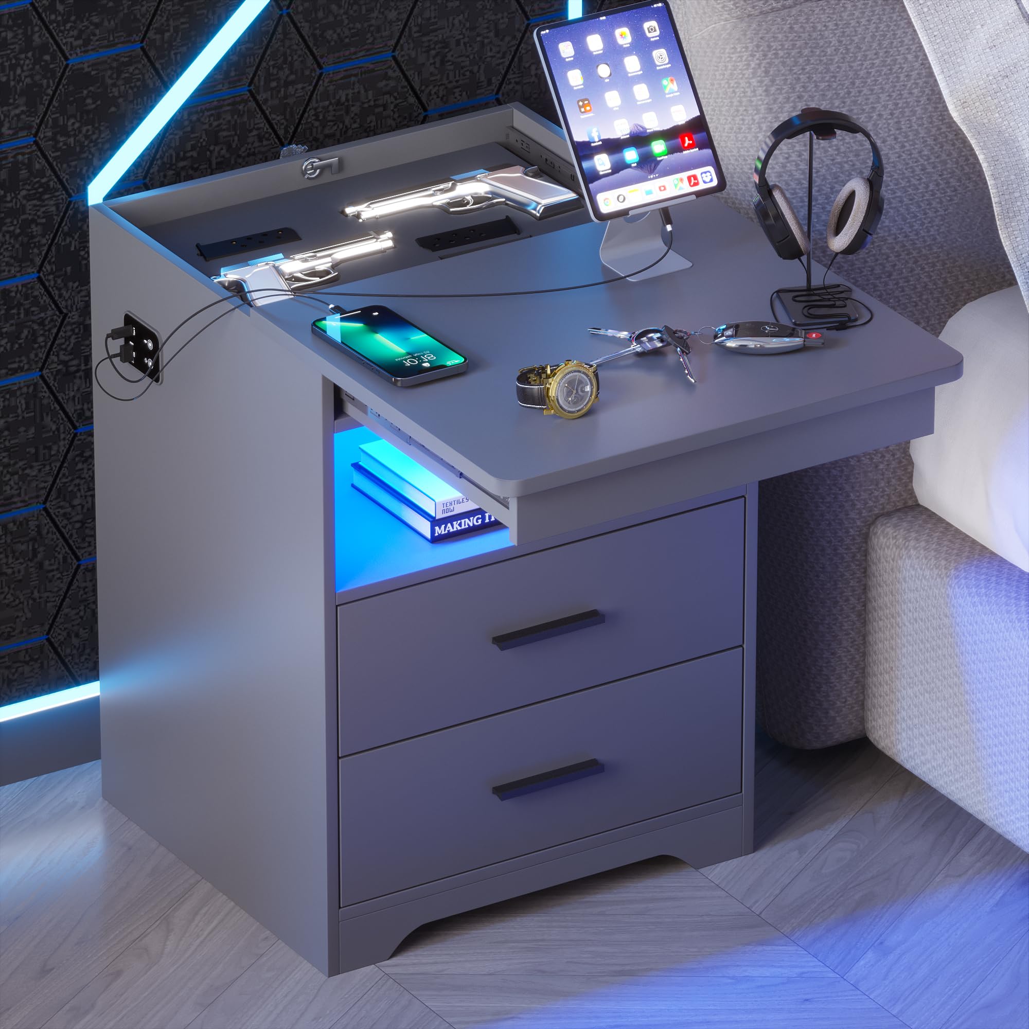 LED Nightstand with Gun Drawer, Modern Beside Table with Charging Station