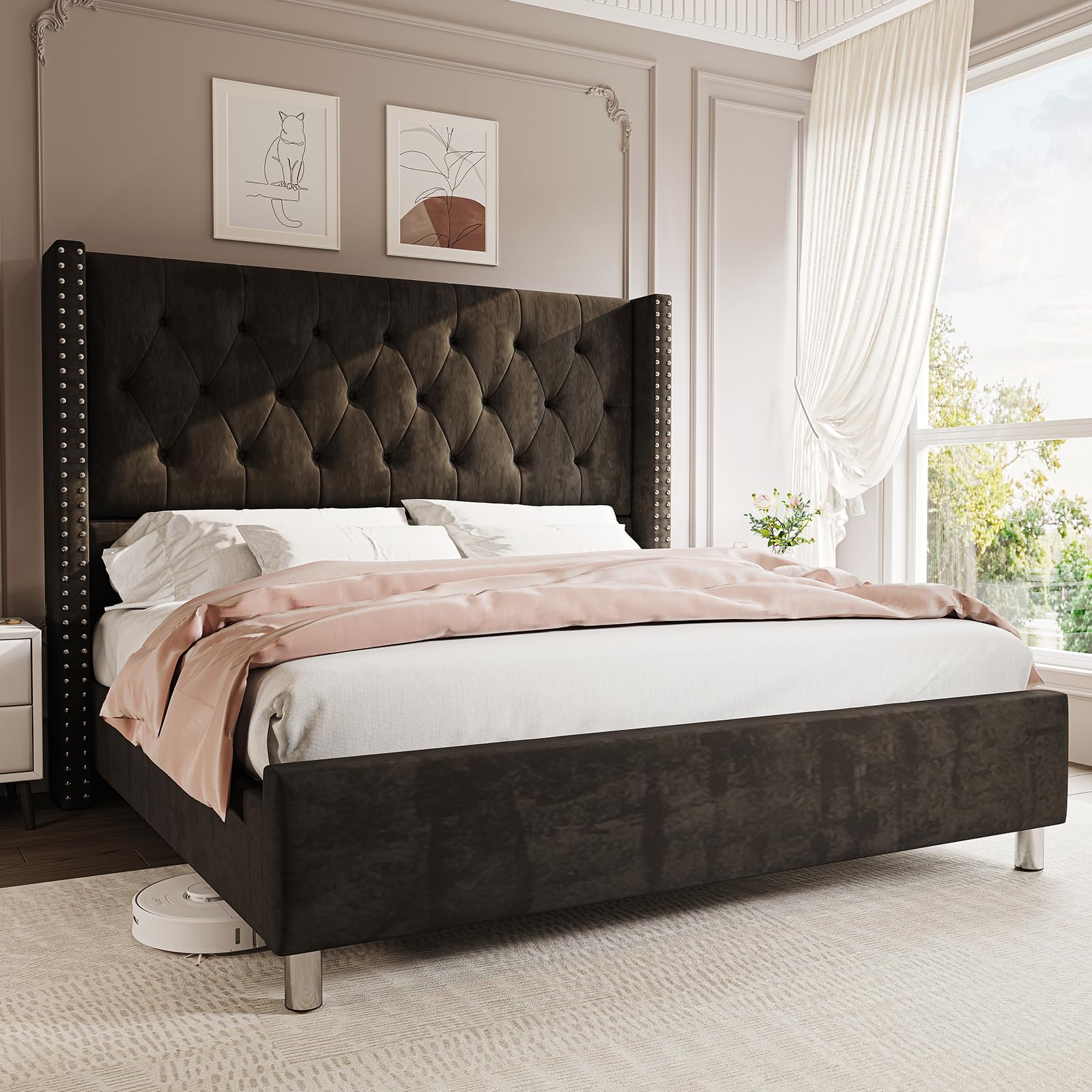Queen Bed Frame Upholstered Bed Wingback Headboard Velvet Tufted Diamond B
