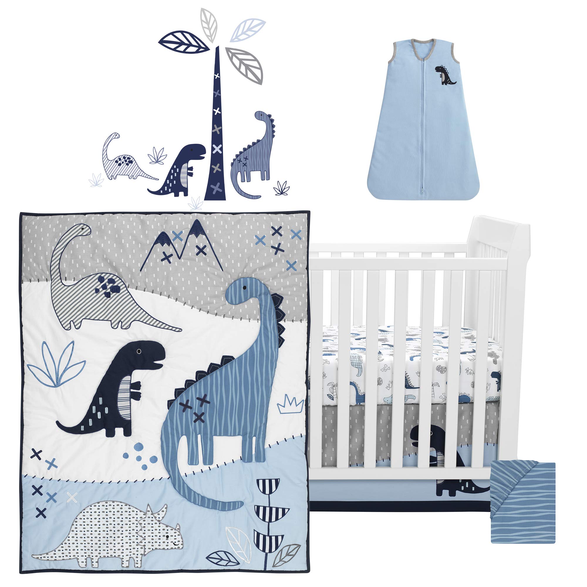 Baby Dino Blue/White Dinosaur Nursery 6-Piece Crib Bedding Set