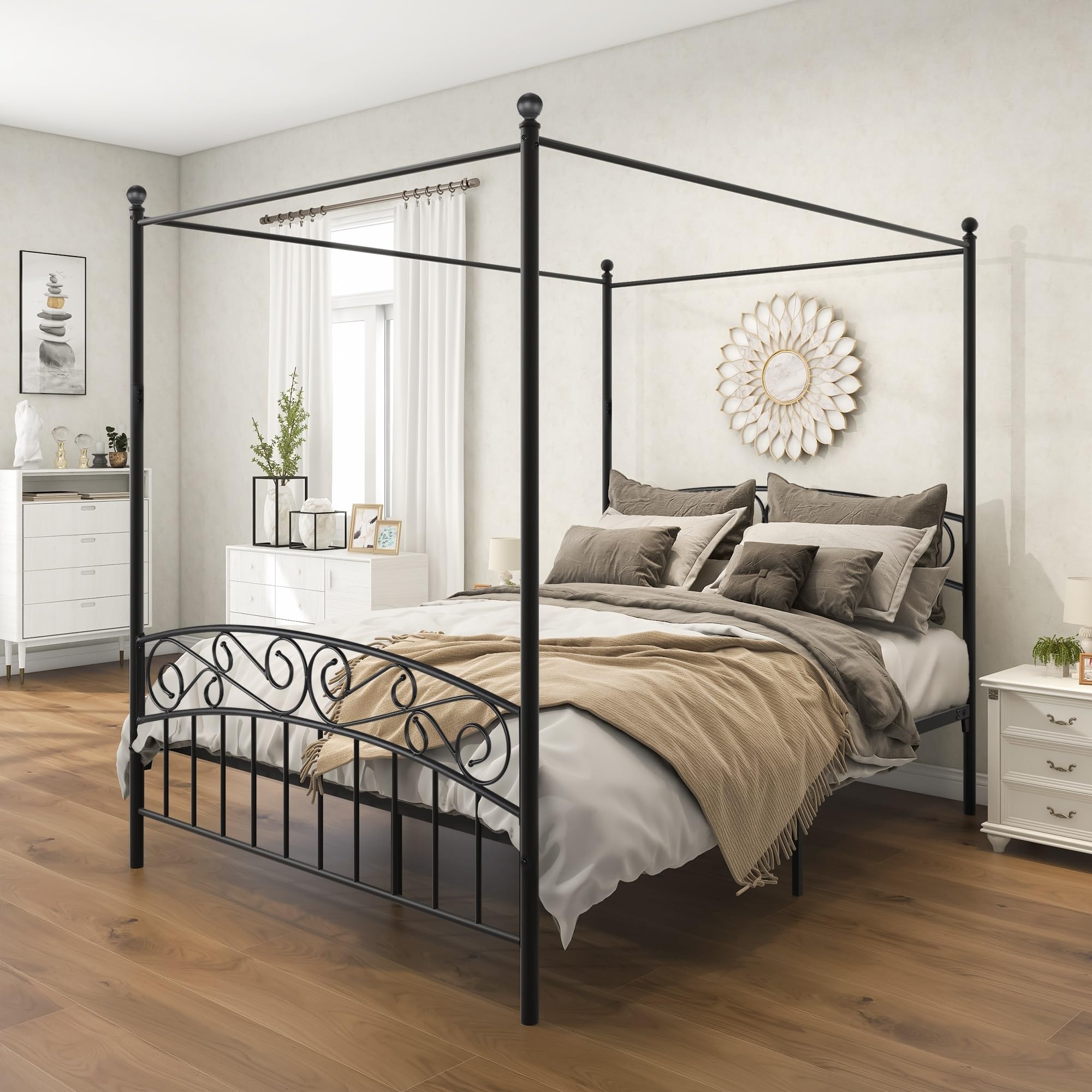Queen Size Metal Canopy Bed Frame with Headboard and Footboard