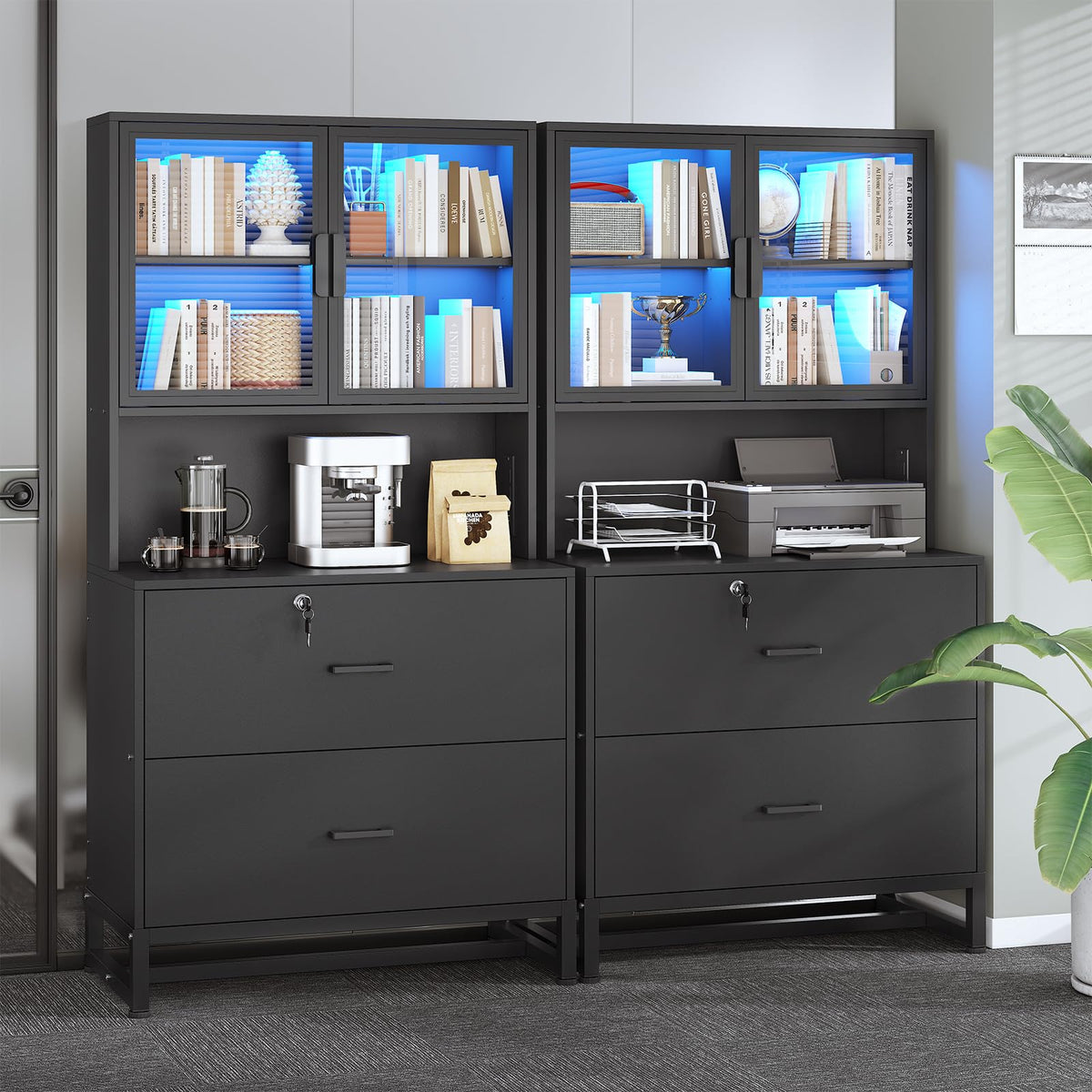 SEDETA 2 Drawer File Cabinet with Lock, Charging Station, Bookshelf, Black