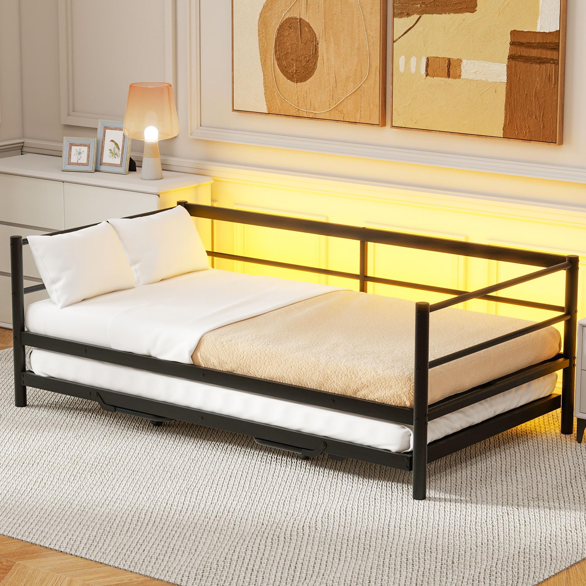 Twin Size Daybed with Trundle, Metal Day Bed with LED Lights, Twin