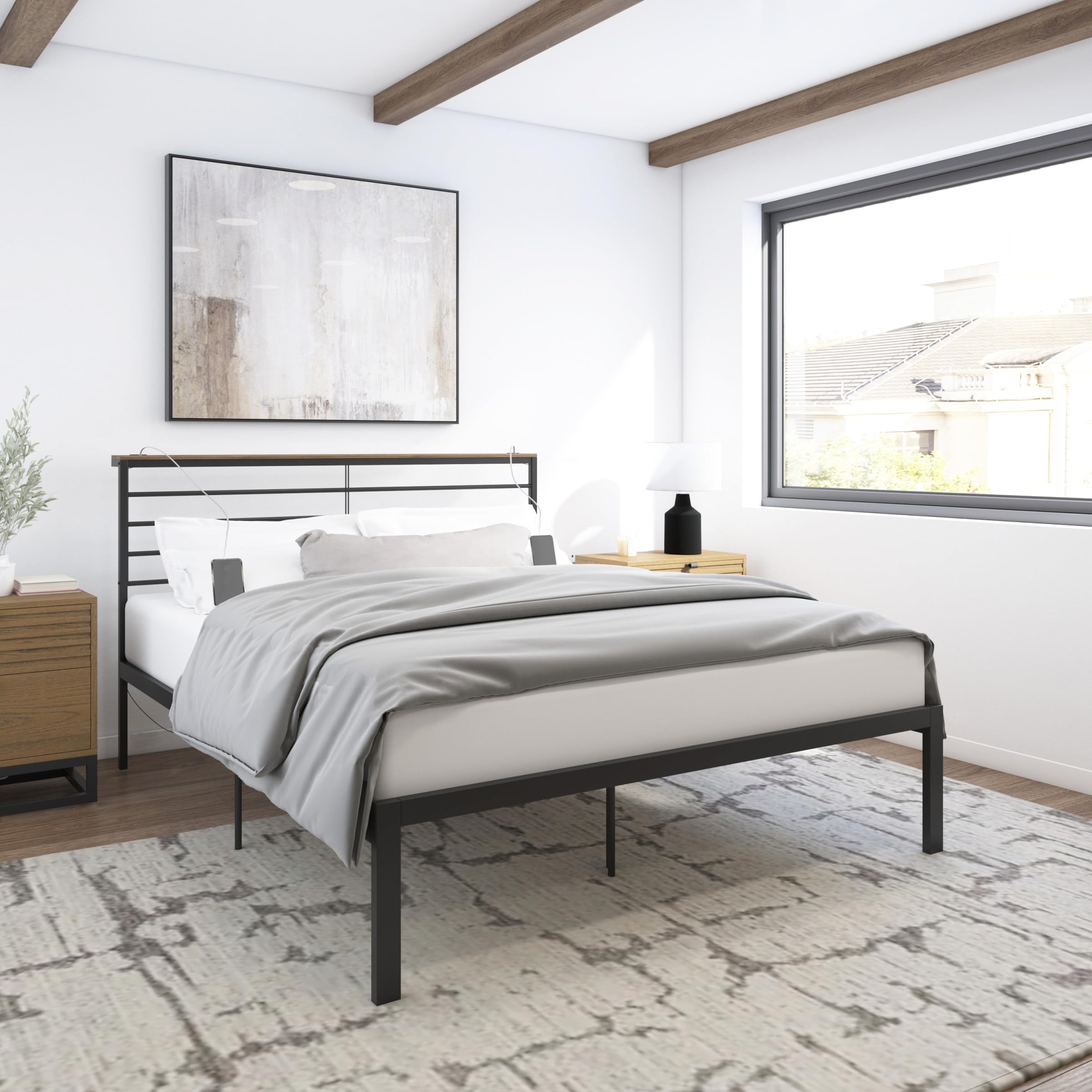 Hillsdale, Crawford Metal Full Platform Bed with USB Ports, Textured Black